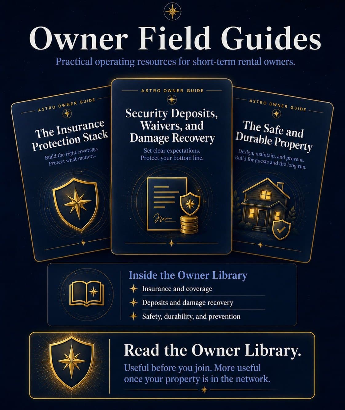 Owner field guides: the insurance protection stack; security deposits, waivers, and damage recovery; and the safe and durable property. Practical operating resources for short-term rental owners.