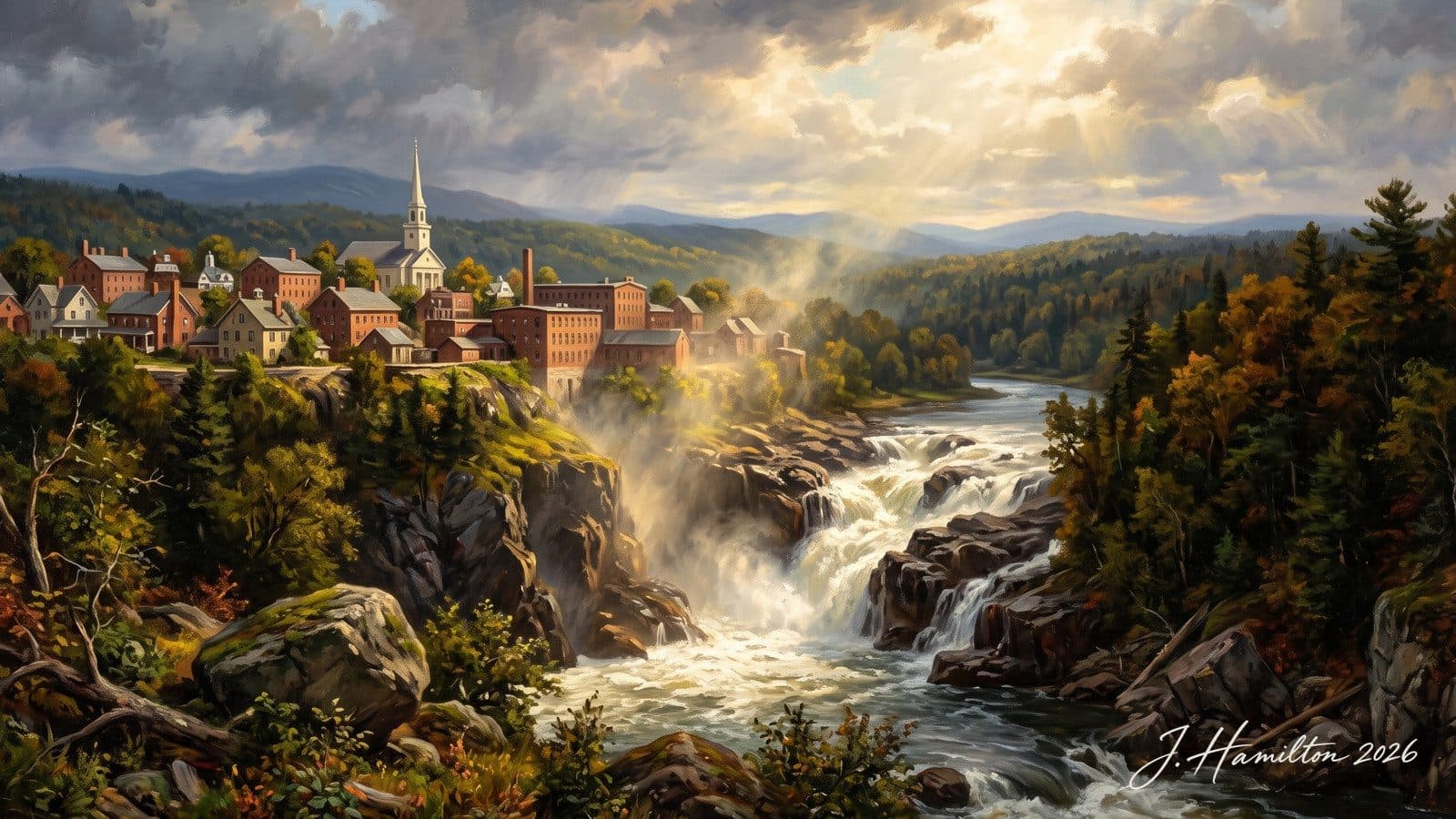 Painted city portrait of Bellows Falls