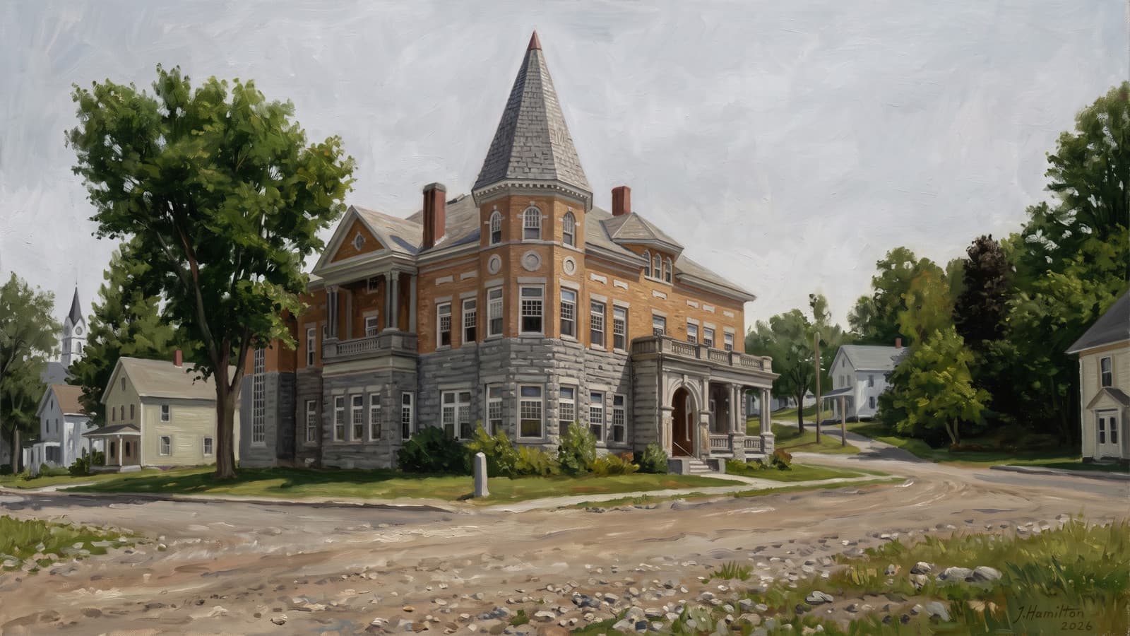 Painted city portrait of Derby Line