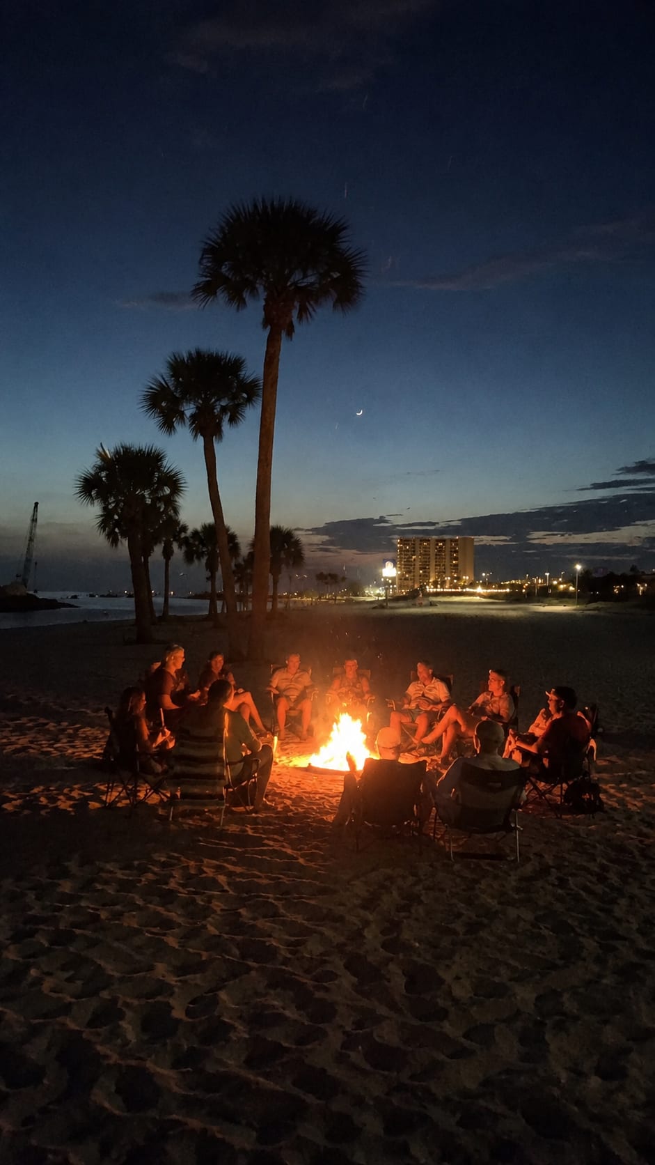 A real Beachin' Bob's bonfire setup on the flat sand of the Mississippi Gulf Coast