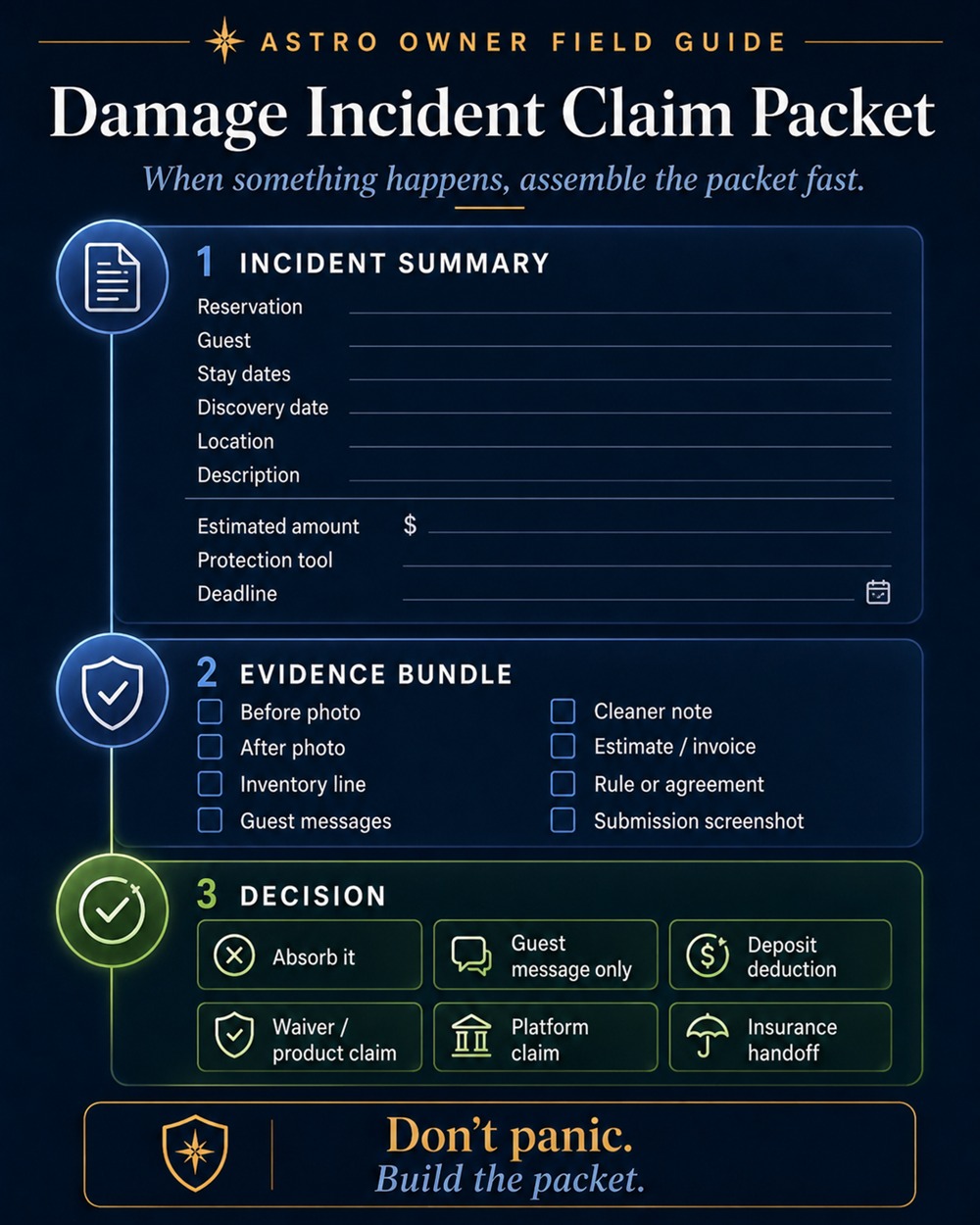 Assembling a guest-damage claim packet: the written agreement, condition photos, inventory, repair estimates, and guest messages needed to prove and recover a loss.