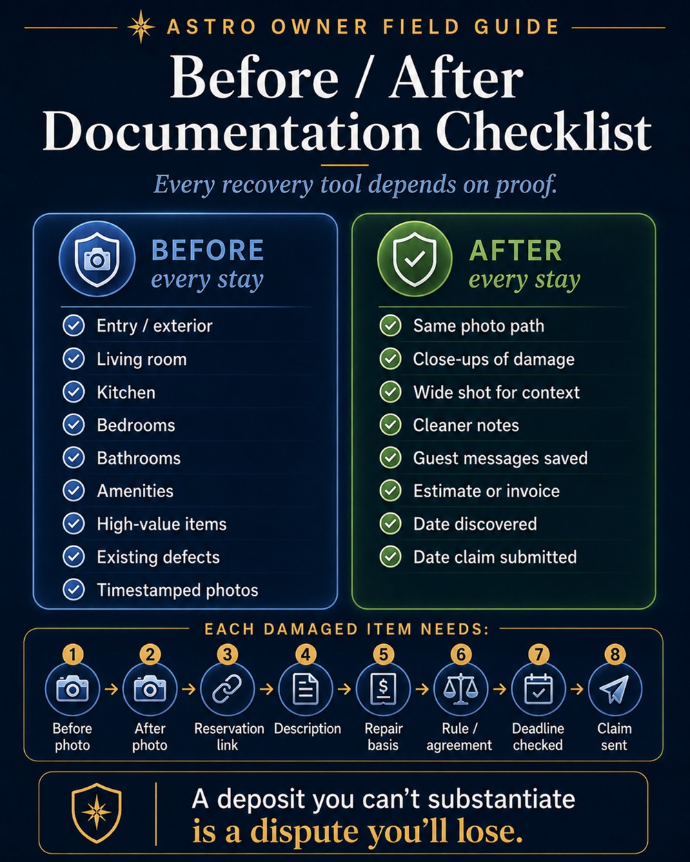 A documentation checklist for every stay — date-stamped before and after photos, a furnishing inventory, receipts, repair estimates, and preserved guest communication.
