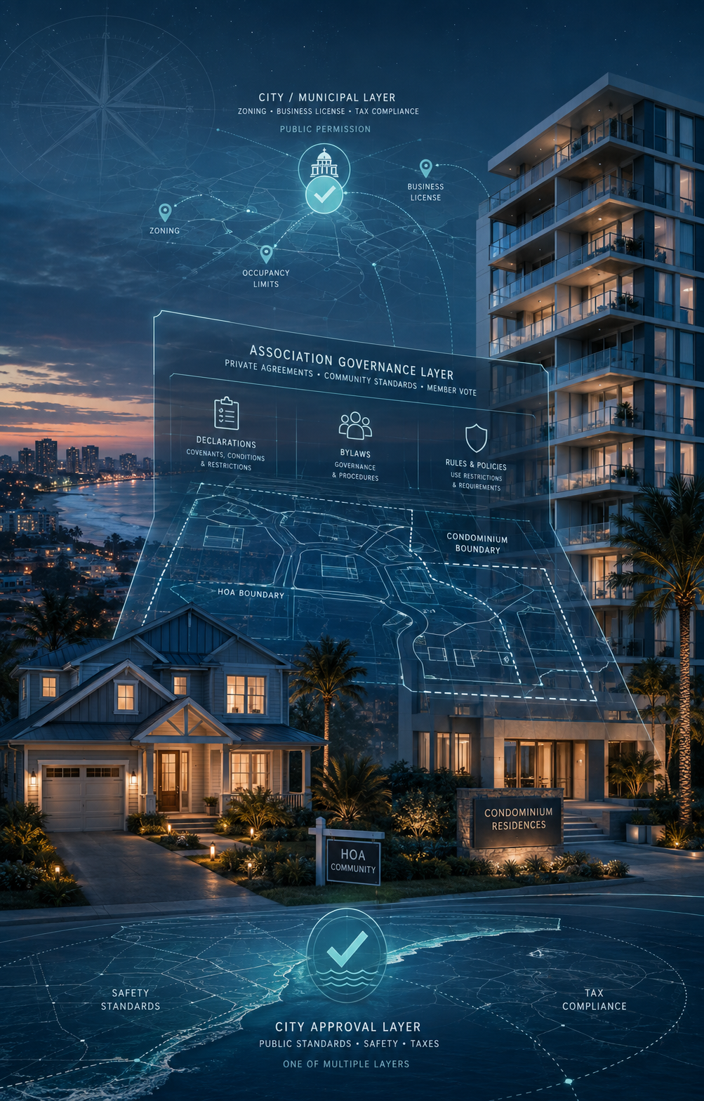 Two governments over one short-term rental: a public City / Municipal permission layer (zoning, business license, occupancy limits, tax compliance) above a private Association Governance layer (declarations, bylaws, rules) spanning an HOA home and a condominium building.