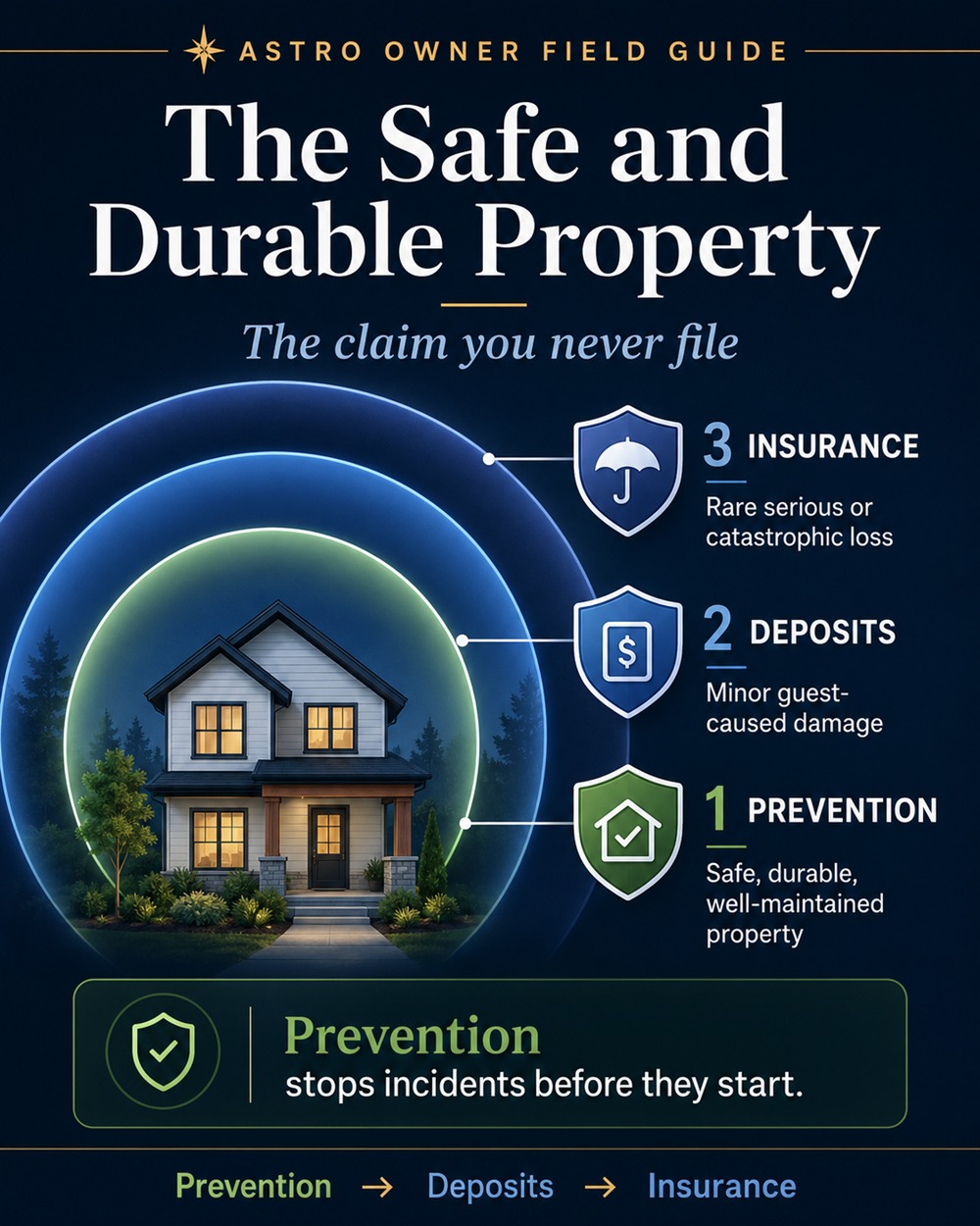 ASTRO Owner Field Guide — The Safe and Durable Property: prevention, deposits, and insurance as a three-layer protection stack around a verified short-term rental.