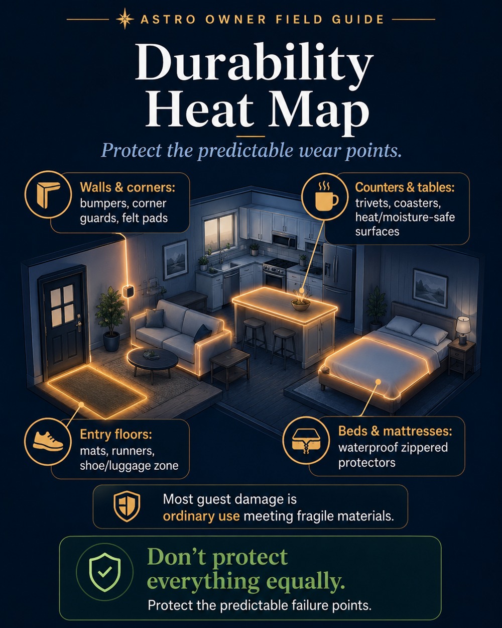 Durability heat map of a short-term rental: the predictable wear points — entry floors, walls and corners, counters and tables, beds and mattresses — and the protector for each.