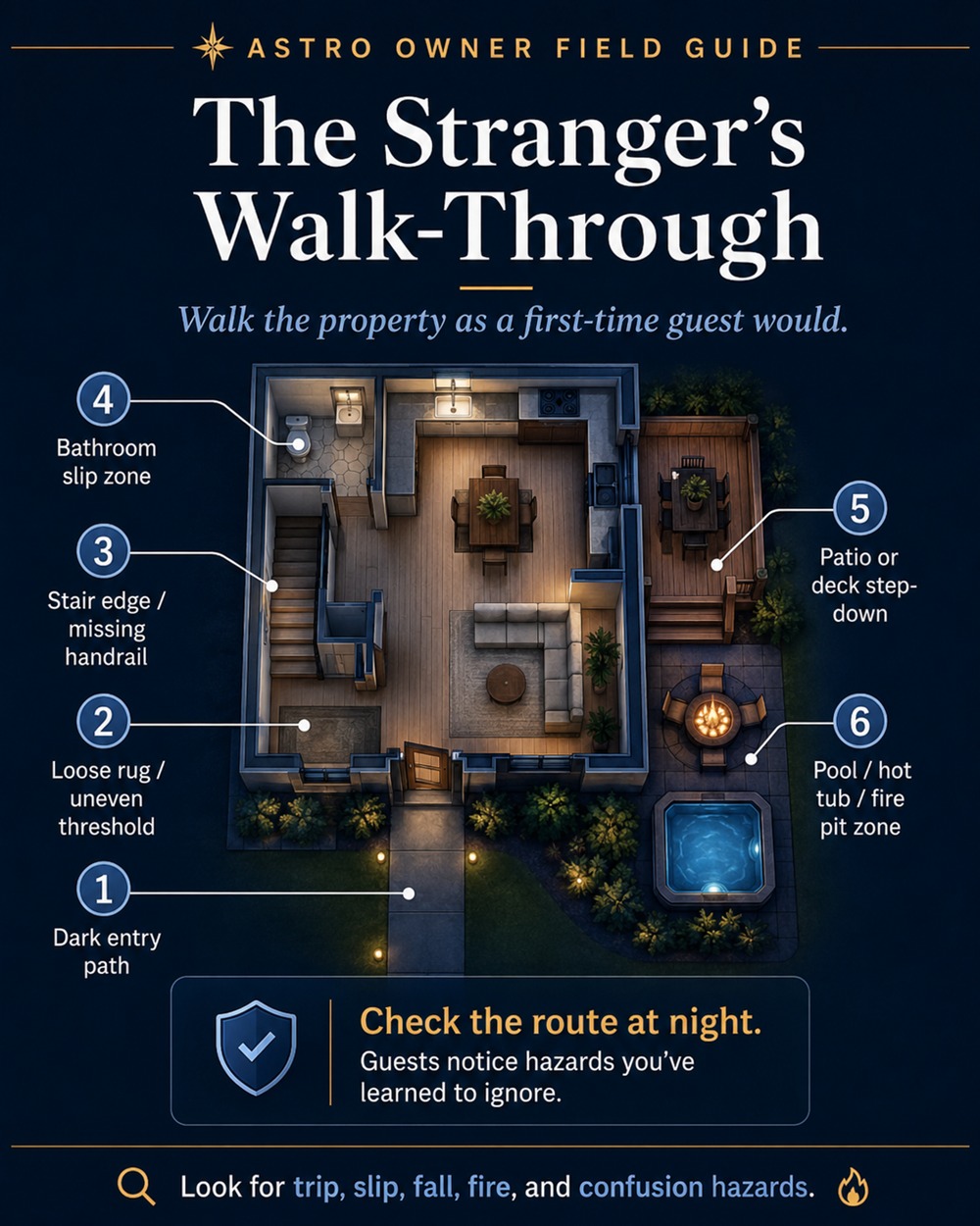 The stranger's walk-through: touring a short-term rental as a first-time guest would, flagging dark entry, loose rug or uneven threshold, stair edge or missing handrail, bathroom slip zone, patio step-down, and pool or hot-tub hazard.