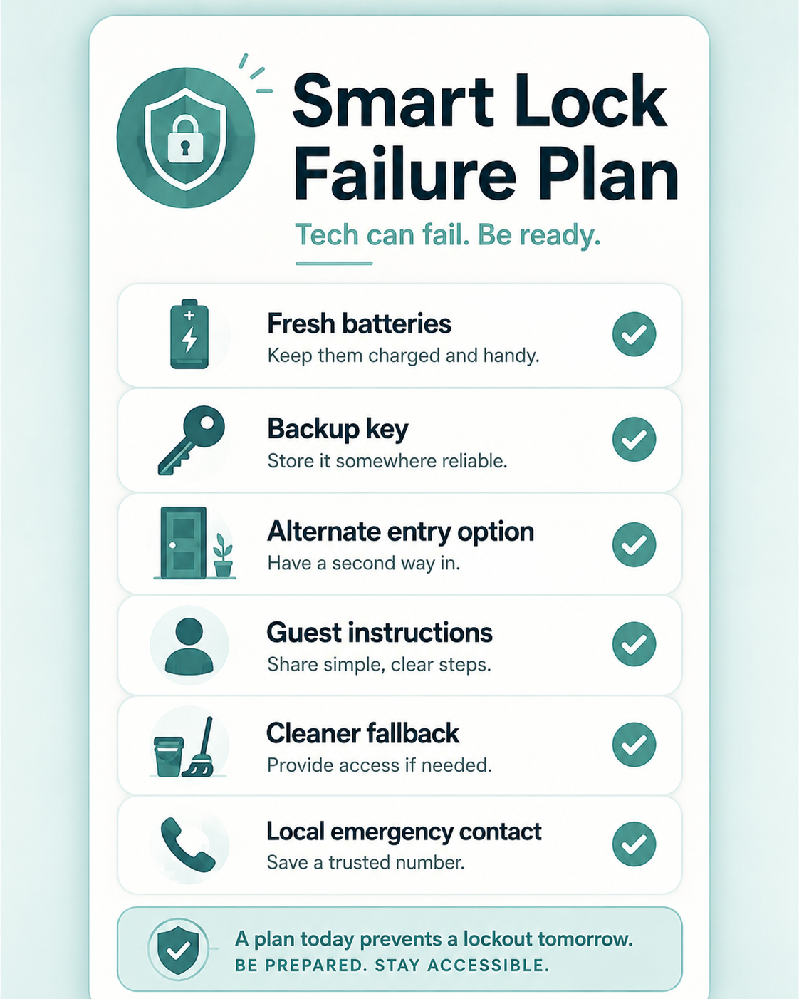 Smart lock failure plan: fresh batteries, backup key, alternate entry, guest instructions, cleaner fallback, and local emergency contact.