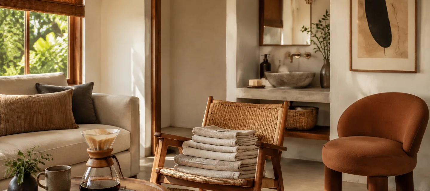 Coffee and linen styled in a curated home retreat — the kind of curated finds Home Showcase surfaces for guests.