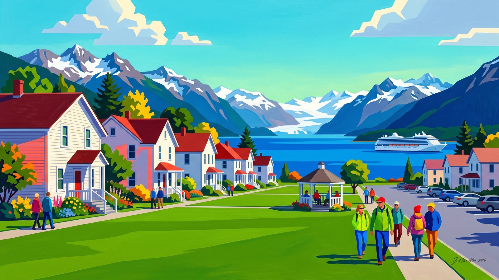 Painted city portrait of Haines, AK — Fort William H. Seward Officers' Row, informed by Félix Vallotton.