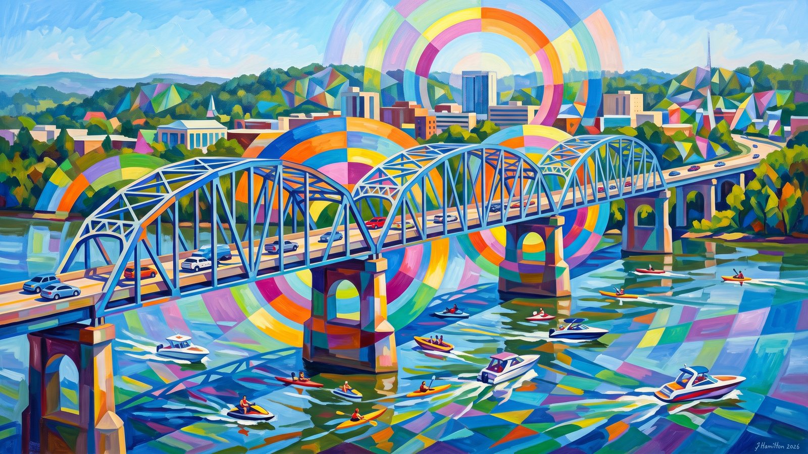 Painted city portrait of Florence, AL — O'Neal Bridge over the Tennessee River, informed by Vladimir Baranoff-Rossiné.