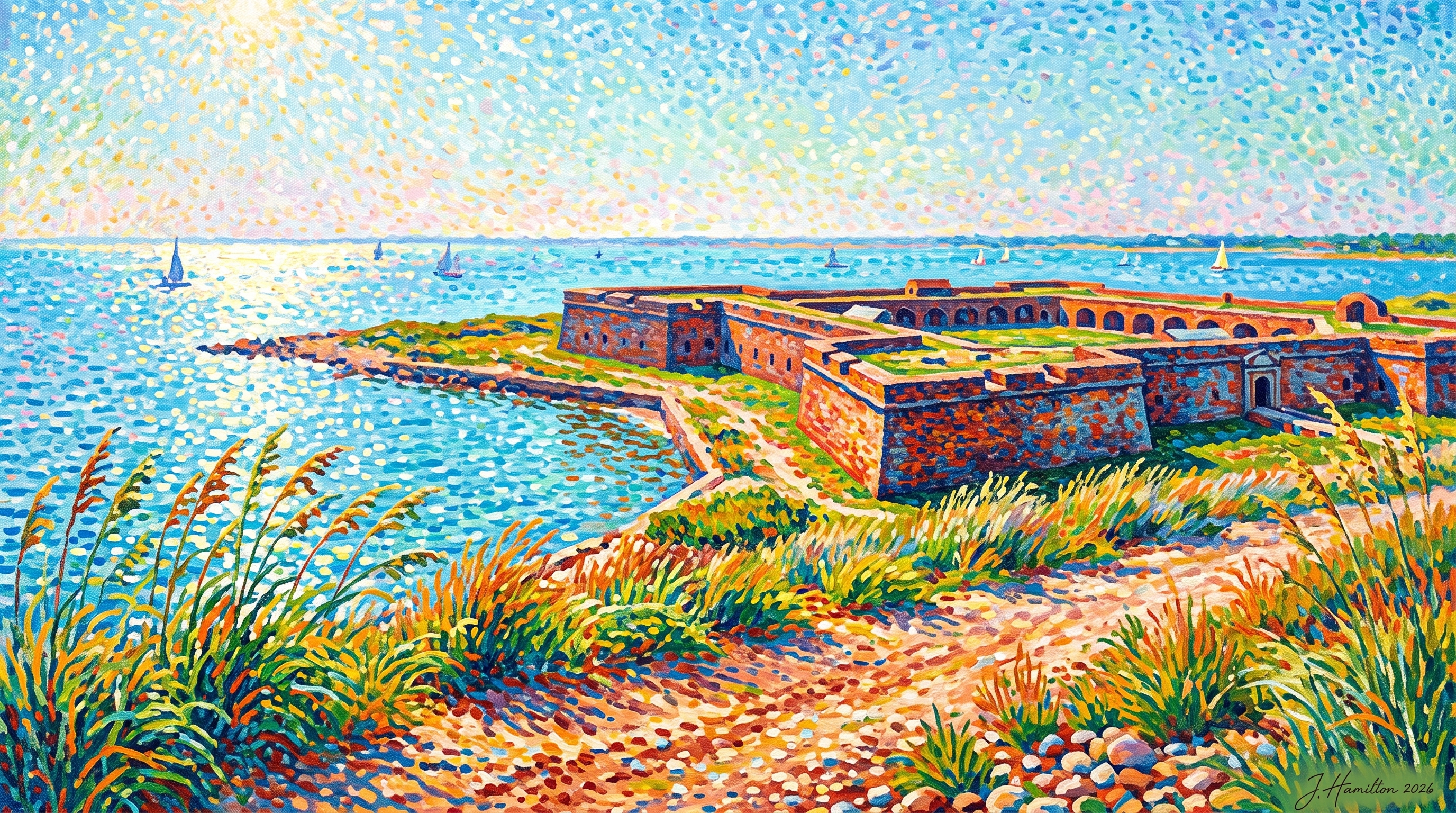 Painted city portrait of Fort Morgan, AL — Fort Morgan State Historic Site, informed by Théo van Rysselberghe.