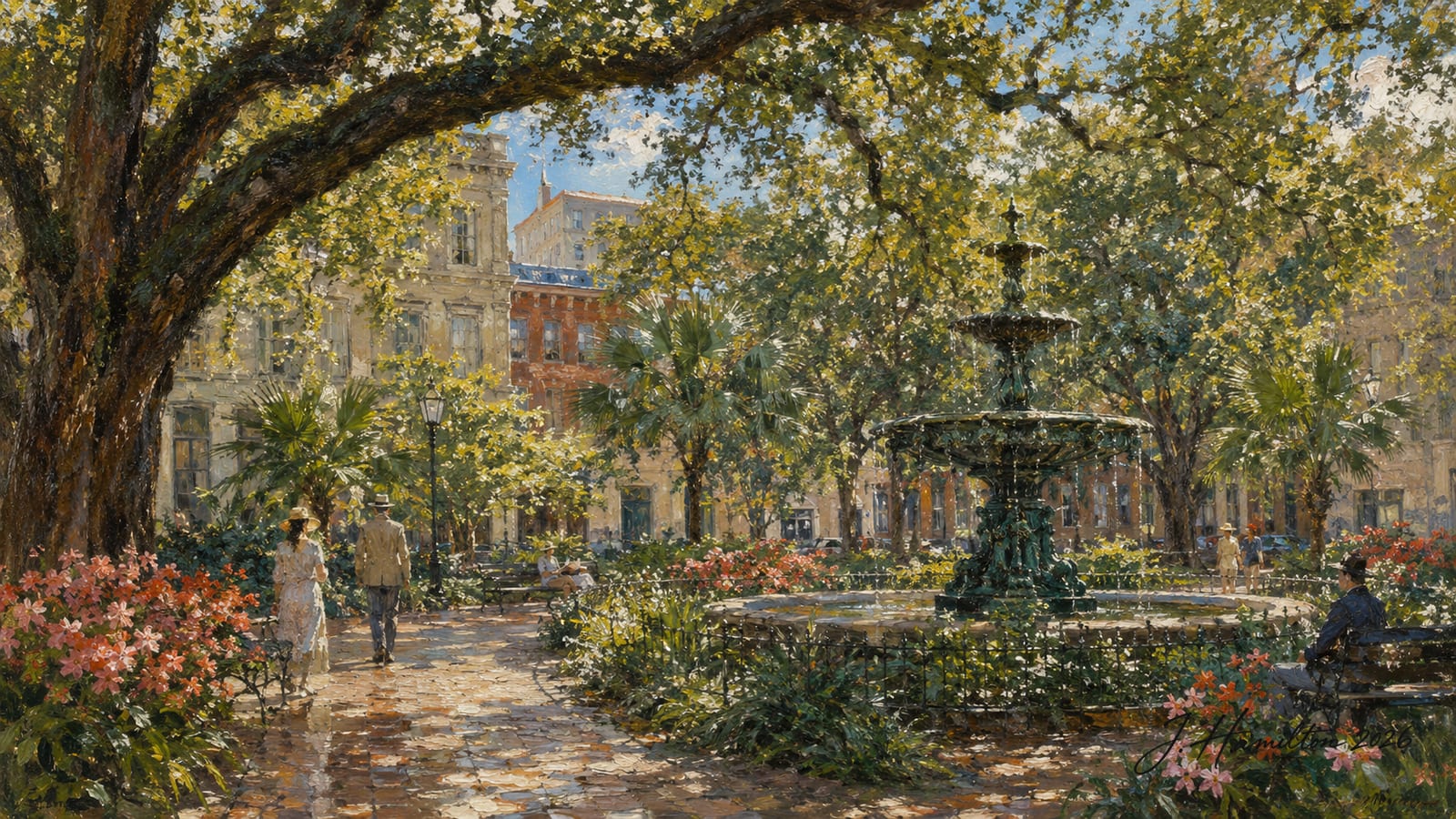 Painted city portrait of Mobile, Alabama — Bienville Square's historic live-oak canopy and wrought-iron fountain, informed by Childe Hassam.