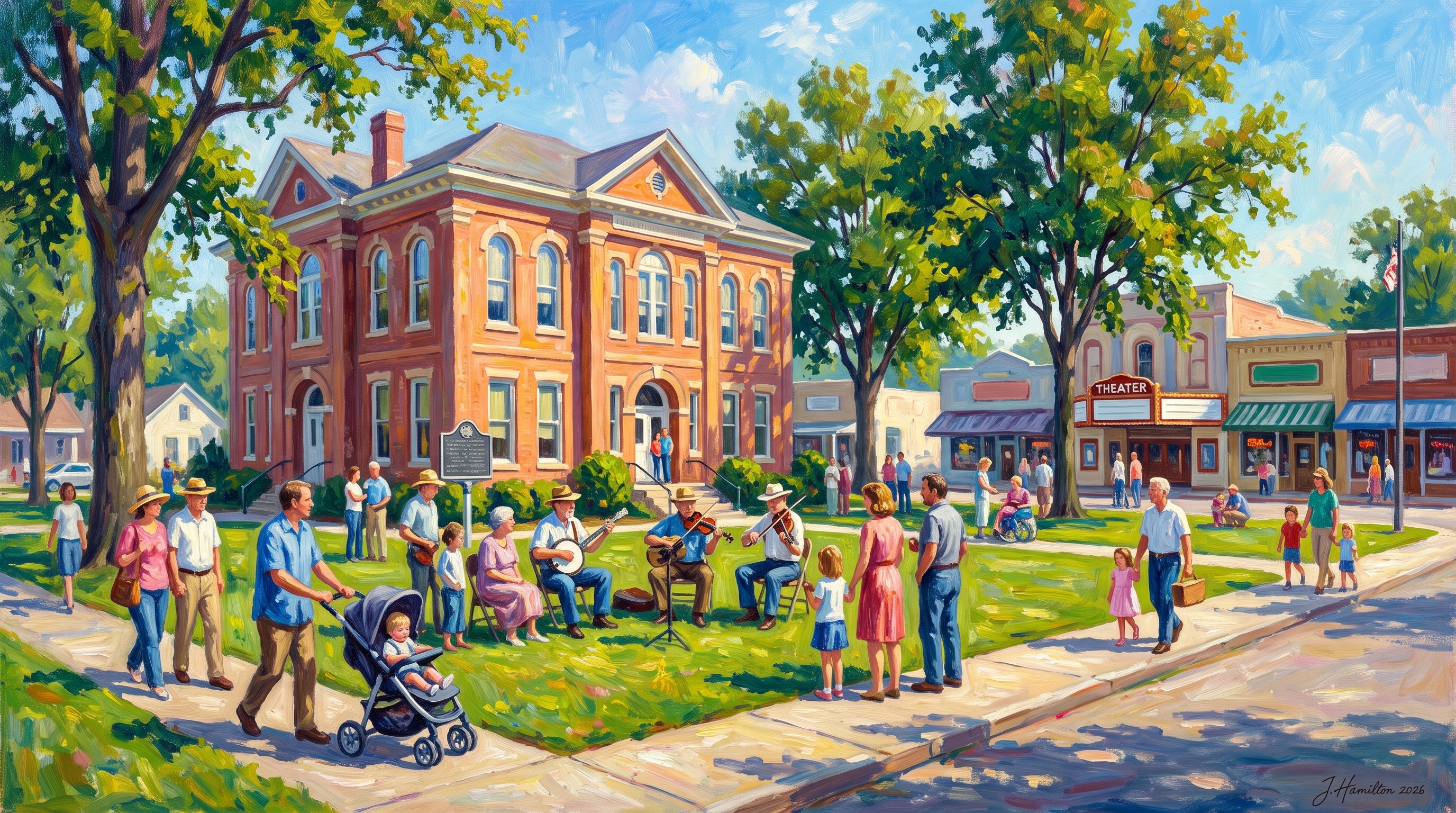 Painted city portrait of Mountain View, AR — Stone County Courthouse Square, informed by William Glackens.