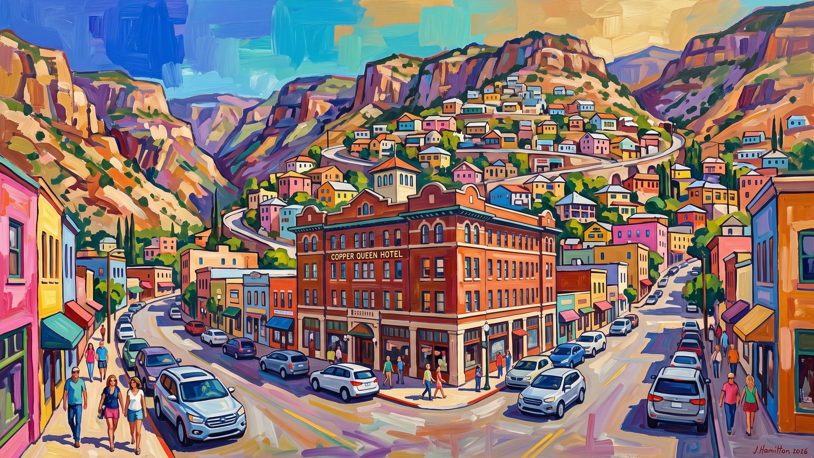 Painted city portrait of Bisbee, AZ — Copper Queen Hotel terraces, informed by Kees van Dongen.