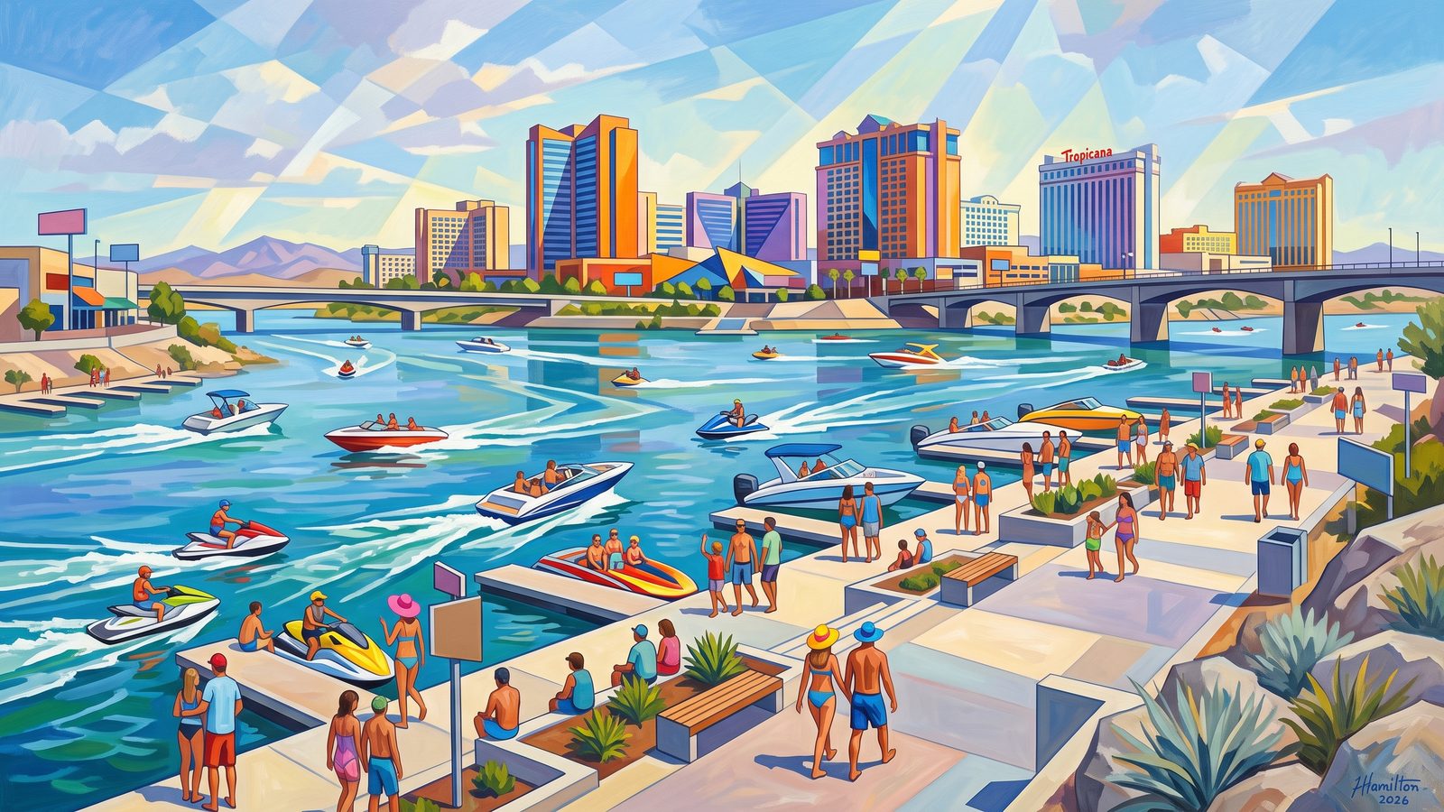 Painted city portrait of Bullhead City, AZ — the Colorado River waterfront & the Laughlin skyline across the water, informed by Charles Demuth.