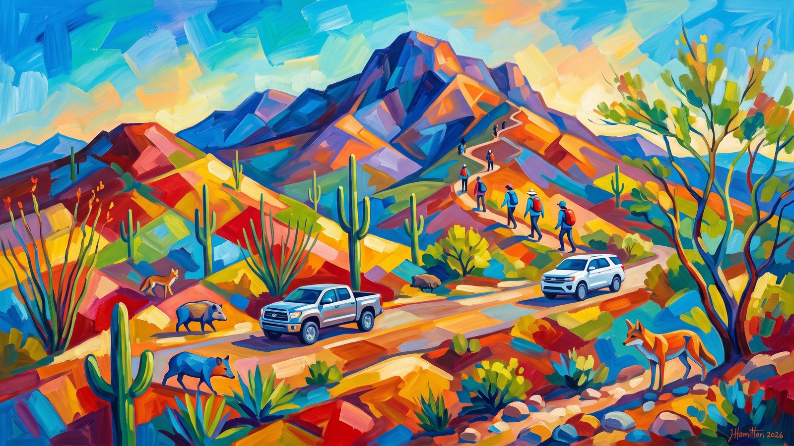 Painted city portrait of Cave Creek, AZ — Black Mountain over the Sonoran foothills, informed by Franz Marc.