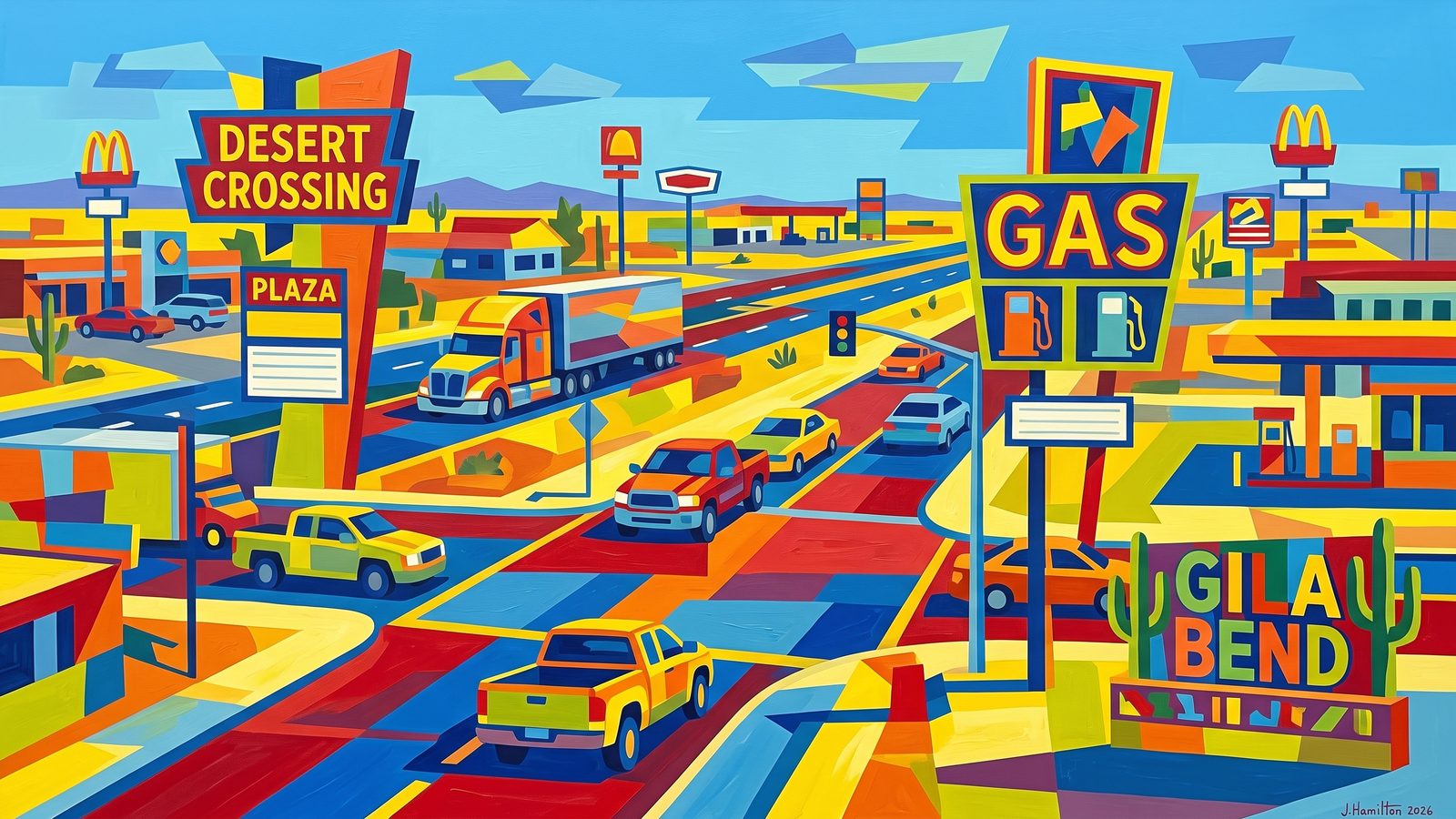 Painted city portrait of Gila Bend, AZ — the sun-blasted desert crossroads & roadside strip, informed by Stuart Davis.