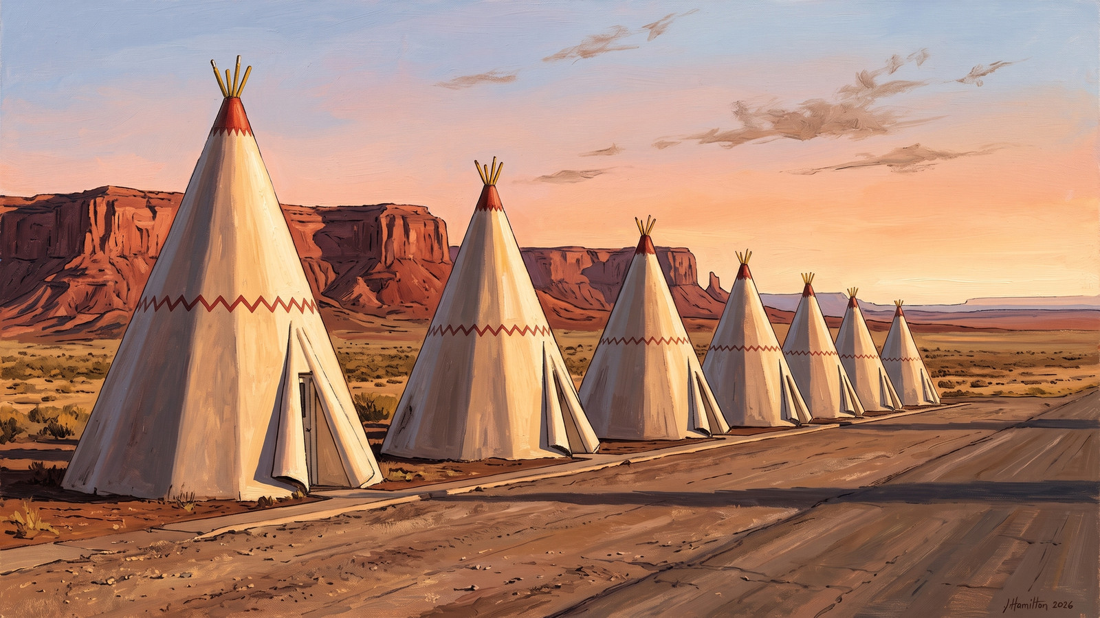 Painted city portrait of Holbrook, AZ — Wigwam Motel & Route 66, informed by Edward Borein.
