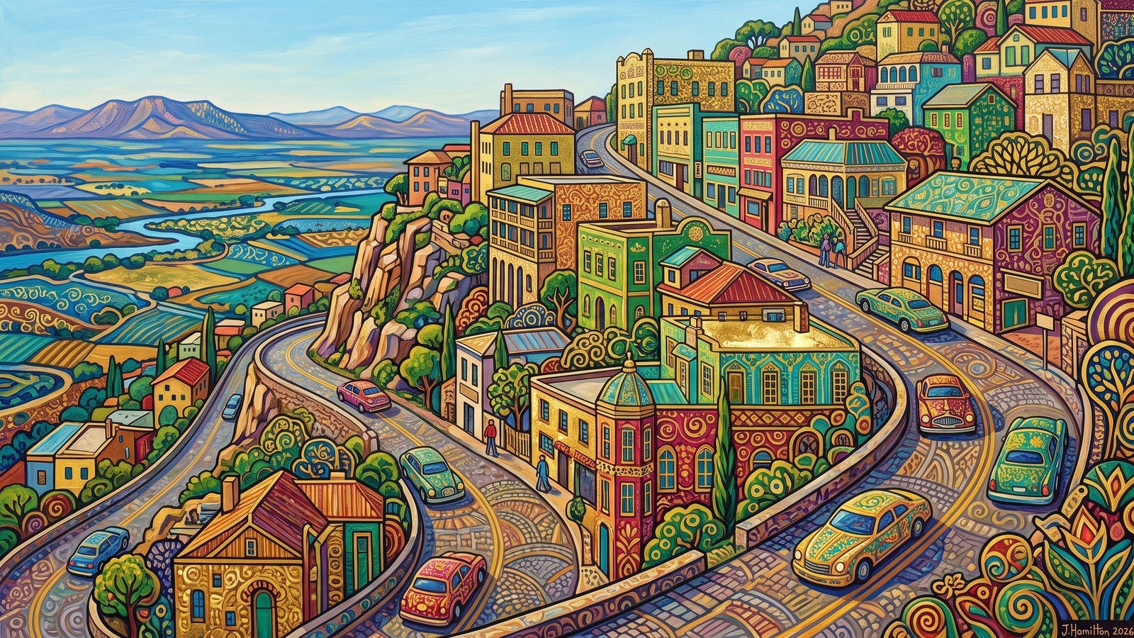 Painted city portrait of Jerome, AZ — cliffside mining-town switchbacks, informed by Gustav Klimt.