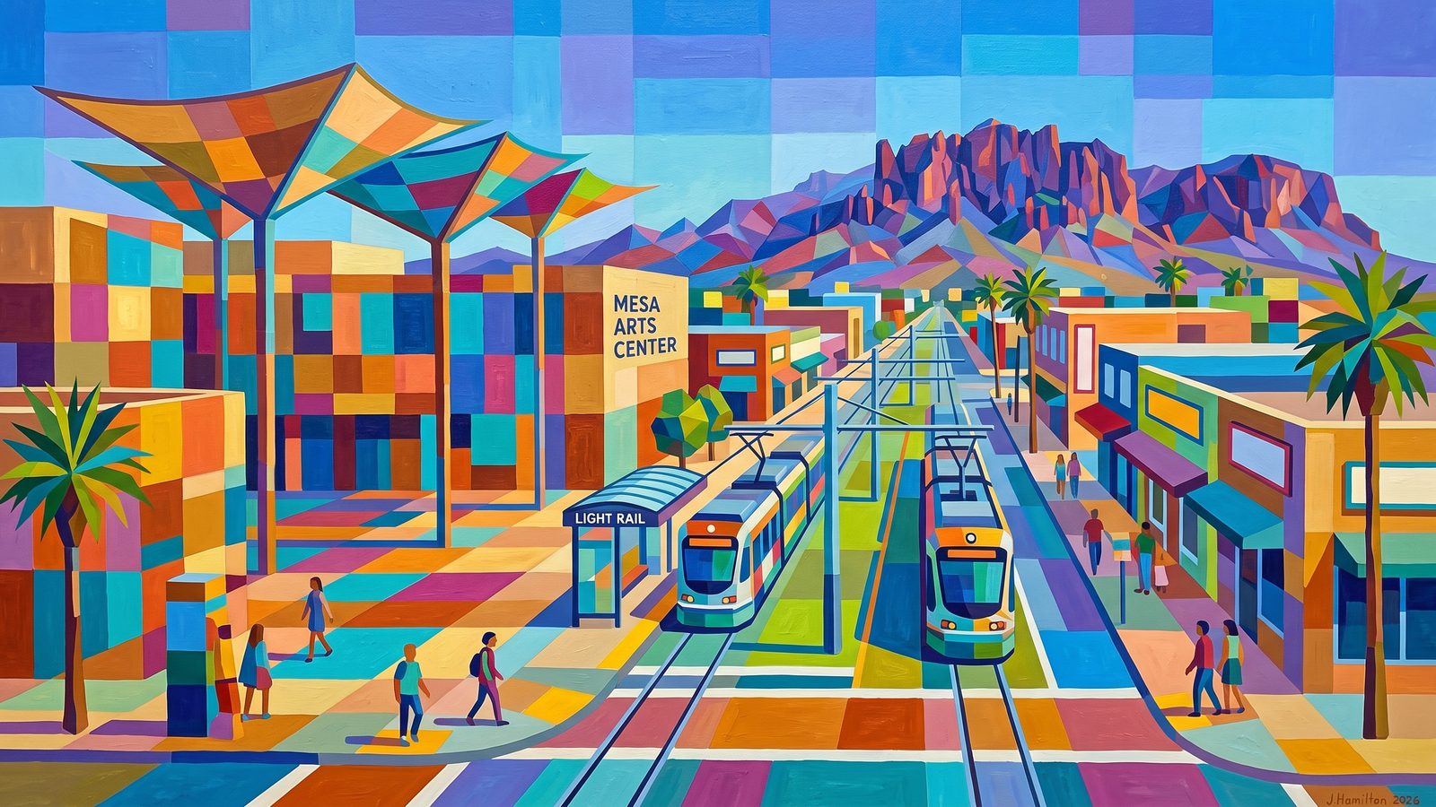 Painted city portrait of Mesa, AZ — downtown Mesa & the Mesa Arts Center canopies with the Superstitions beyond, informed by Paul Klee.