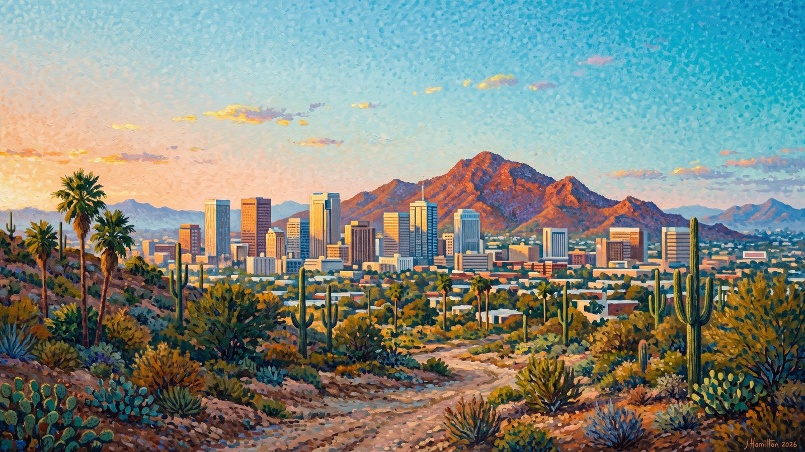Painted city portrait of Phoenix, AZ — Camelback Skyline, informed by Georges Seurat.