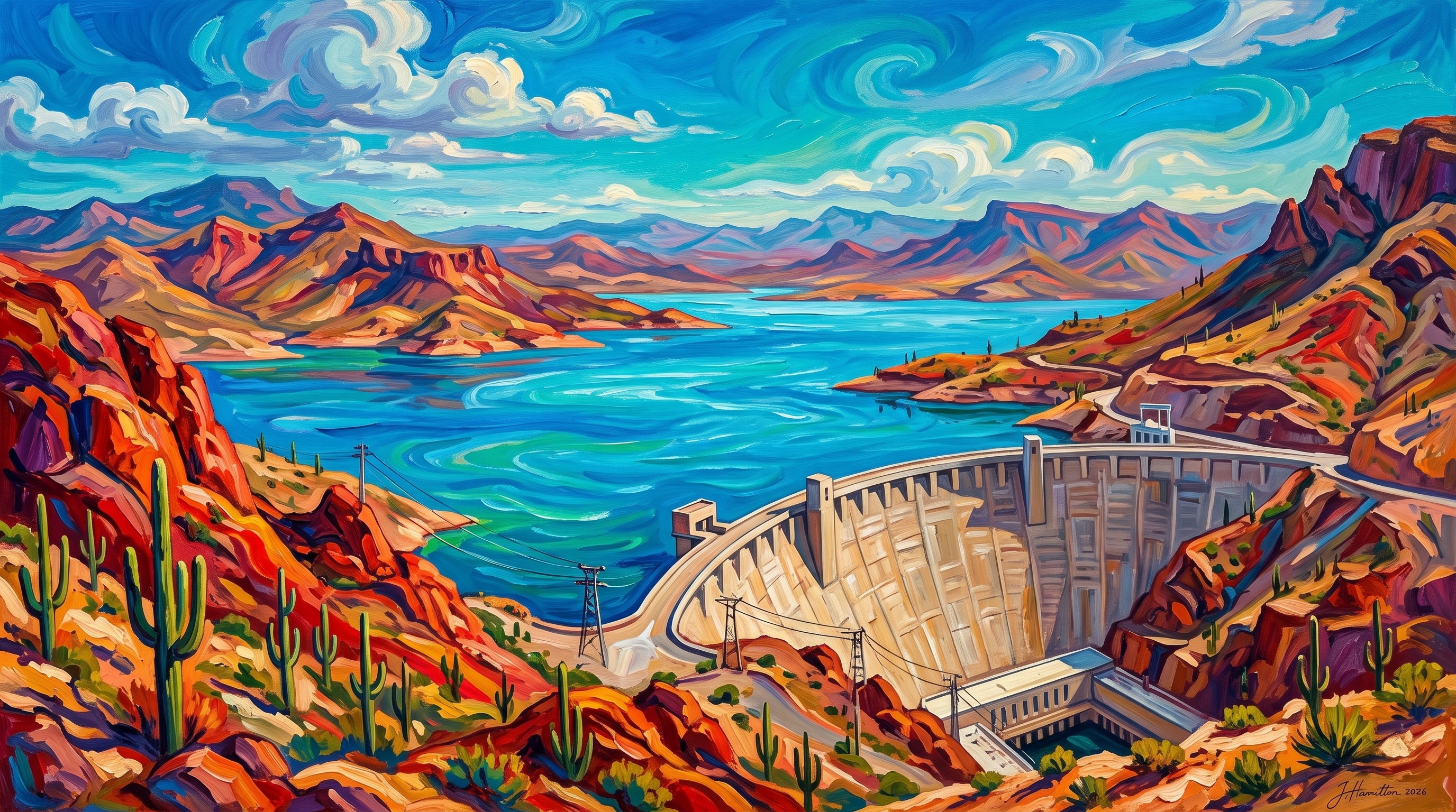 Painted city portrait of Roosevelt, AZ — Roosevelt Lake & Dam, informed by Konrad Magi.