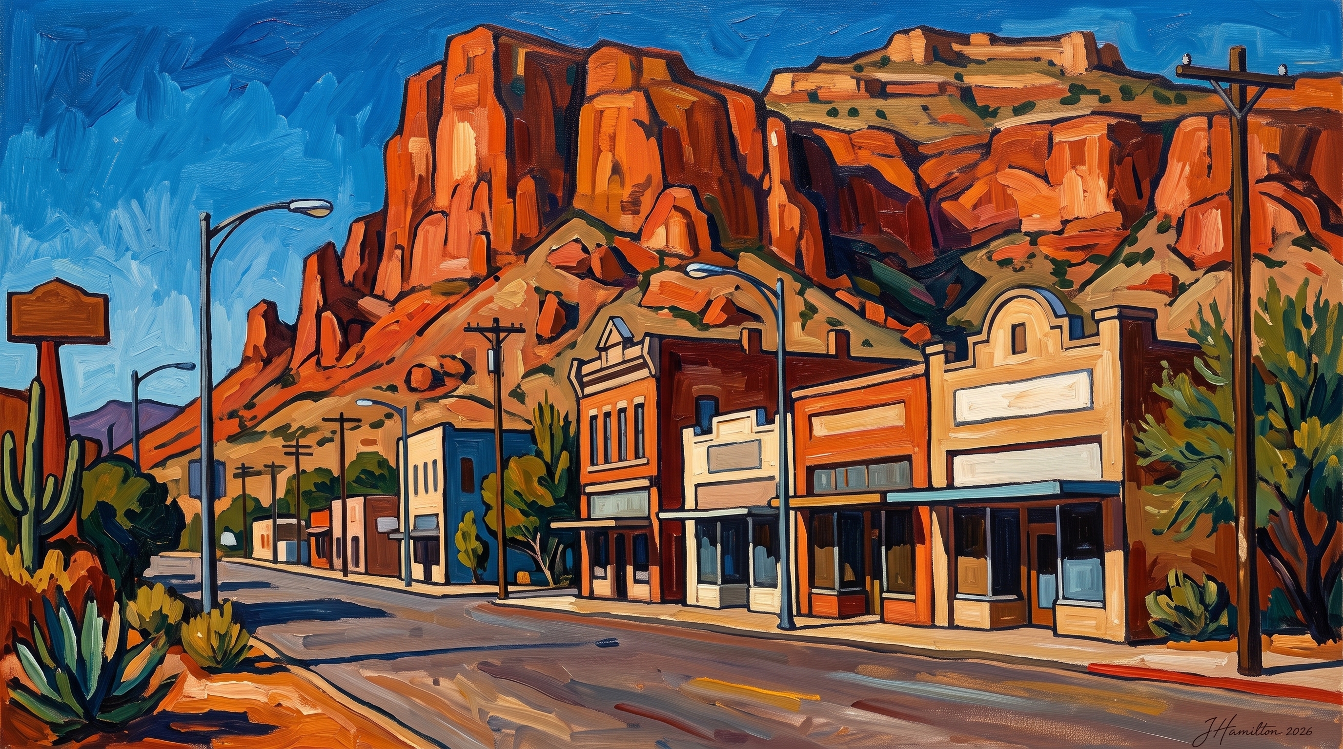 Painted city portrait of Superior, AZ — Apache Leap over Main Street, informed by Marsden Hartley.