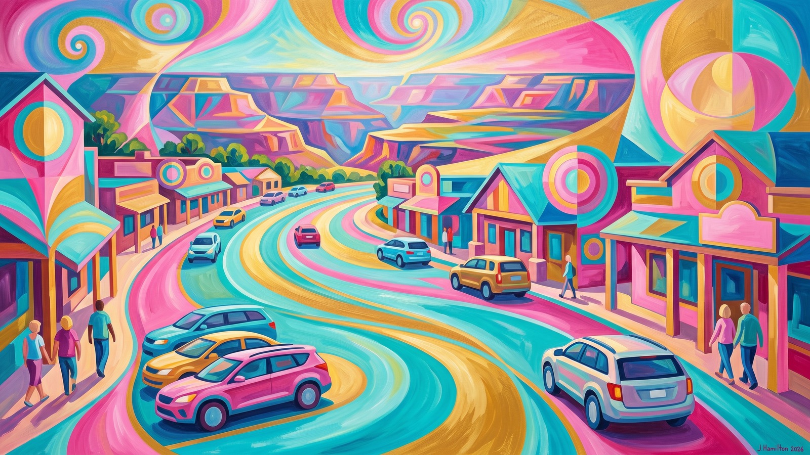 Painted city portrait of Tusayan, AZ — the Grand Canyon gateway strip, informed by Hilma af Klint.