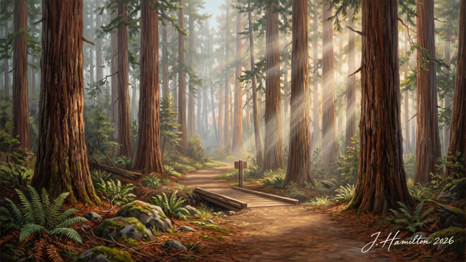 Painted city portrait of Arcata, CA — informed by Albert Bierstadt.