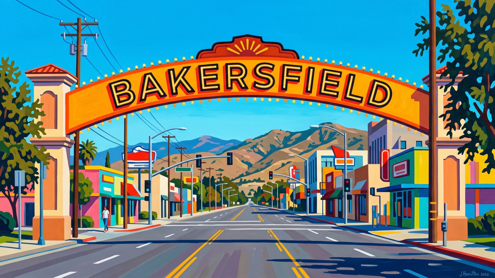 Painted city portrait of Bakersfield