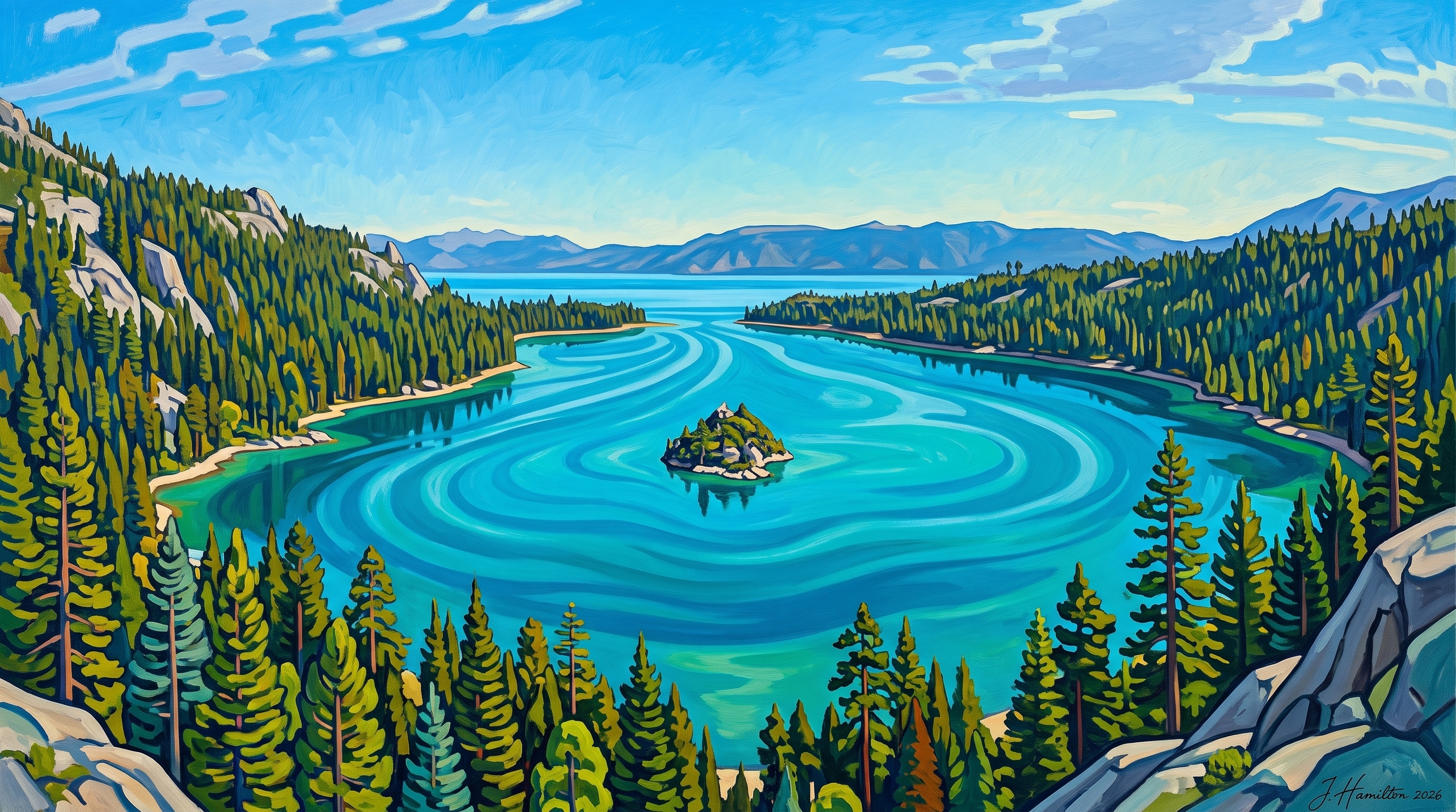 Painted city portrait of Lake Tahoe, CA — Emerald Bay & Fannette Island, informed by Ferdinand Hodler.