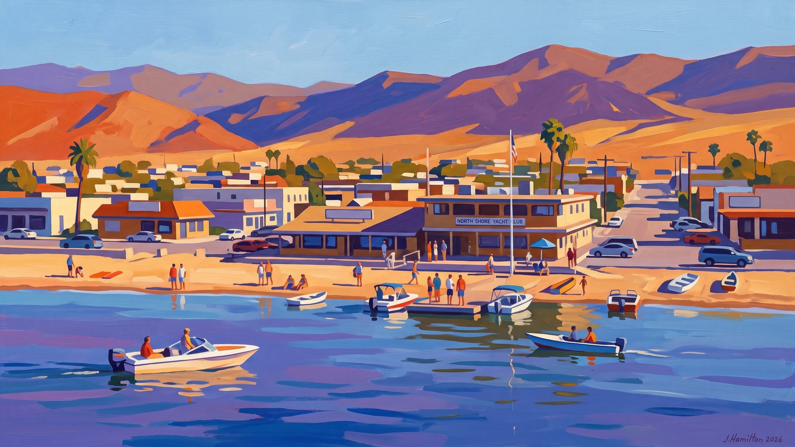 Painted city portrait of North Shore, CA — Salton Sea Shoreline from Offshore, informed by Martiros Saryan.