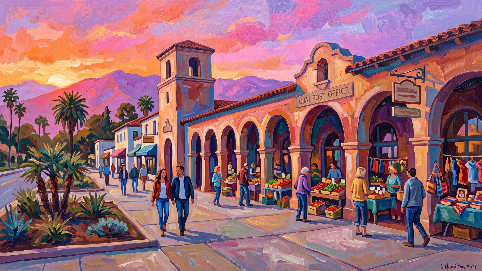 Painted city portrait of Ojai, CA — Ojai Post Office arcade (Pink Moment sky), informed by Charles Camoin.