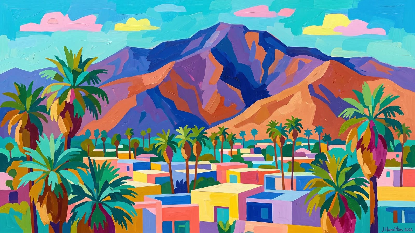 Painted city portrait of Palm Springs, CA — Mount San Jacinto Desert Oasis, informed by Henri Matisse.