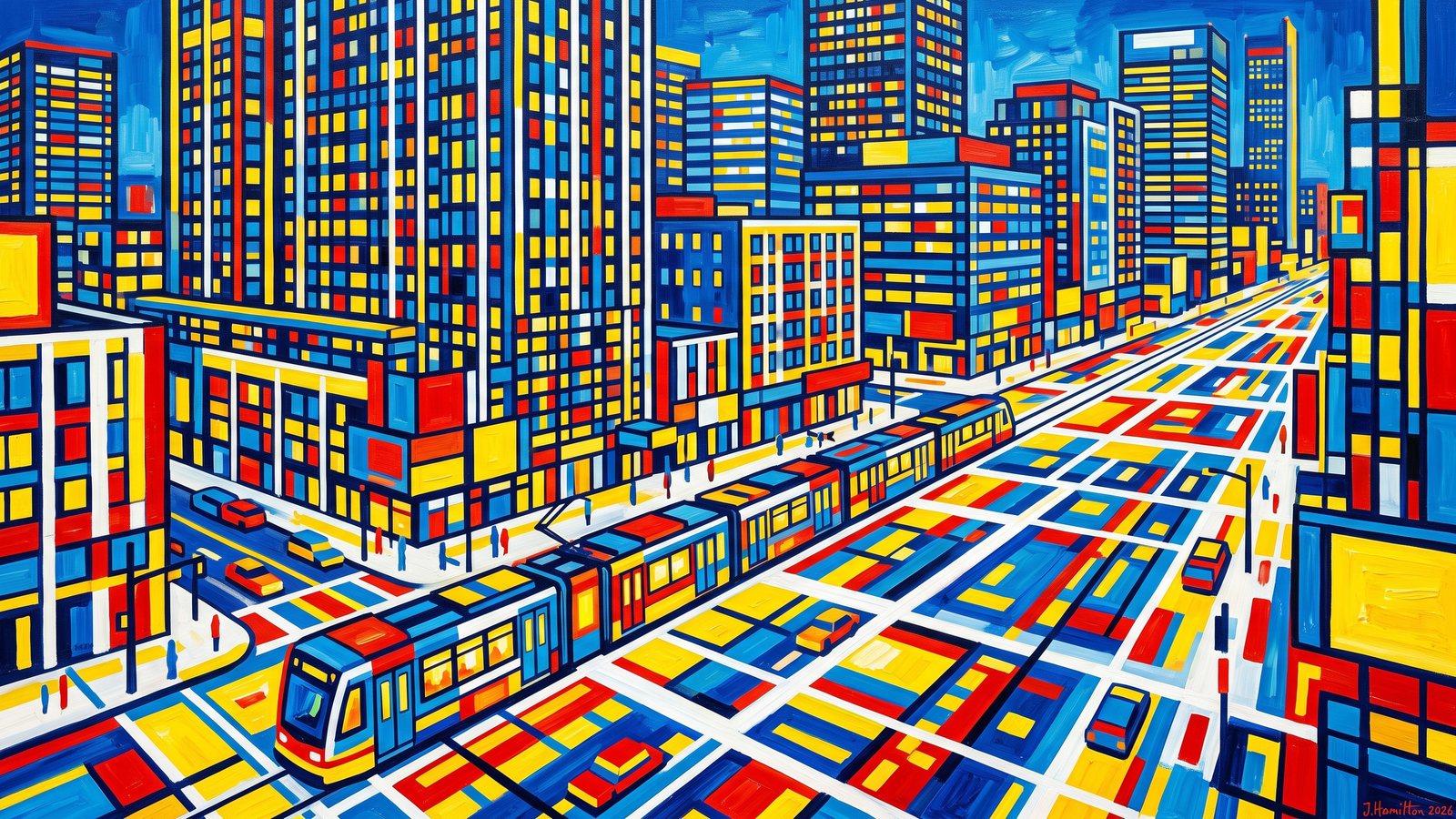 Painted city portrait of San Jose, CA — Downtown San Jose Grid at Night, informed by Piet Mondrian.