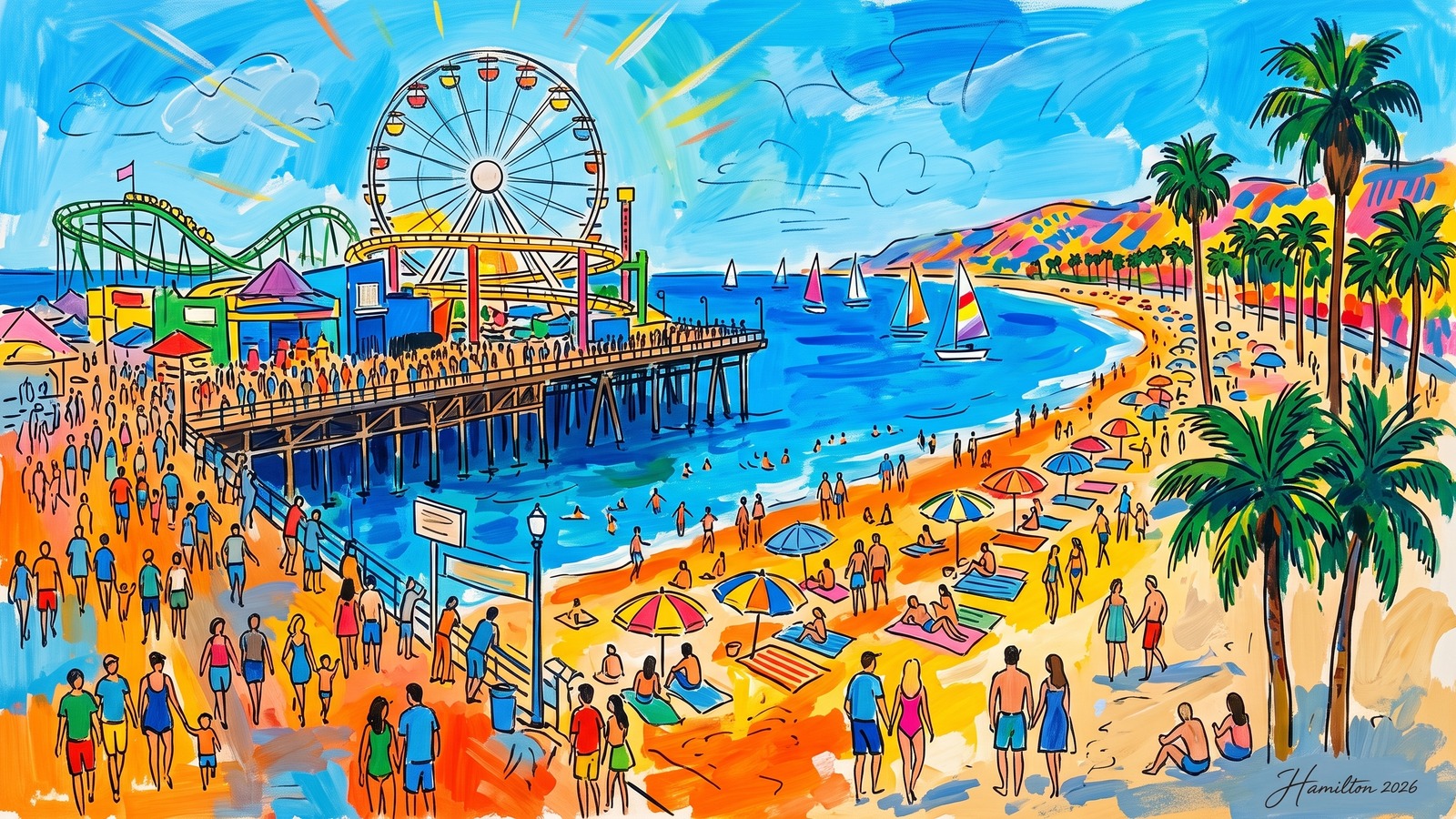 Painted city portrait of Santa Monica, CA — the Santa Monica Pier, informed by Raoul Dufy.