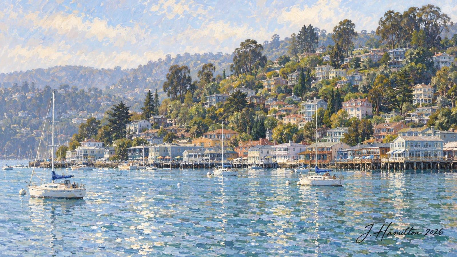Painted city portrait of Sausalito, California — Downtown Waterfront, informed by Childe Hassam.