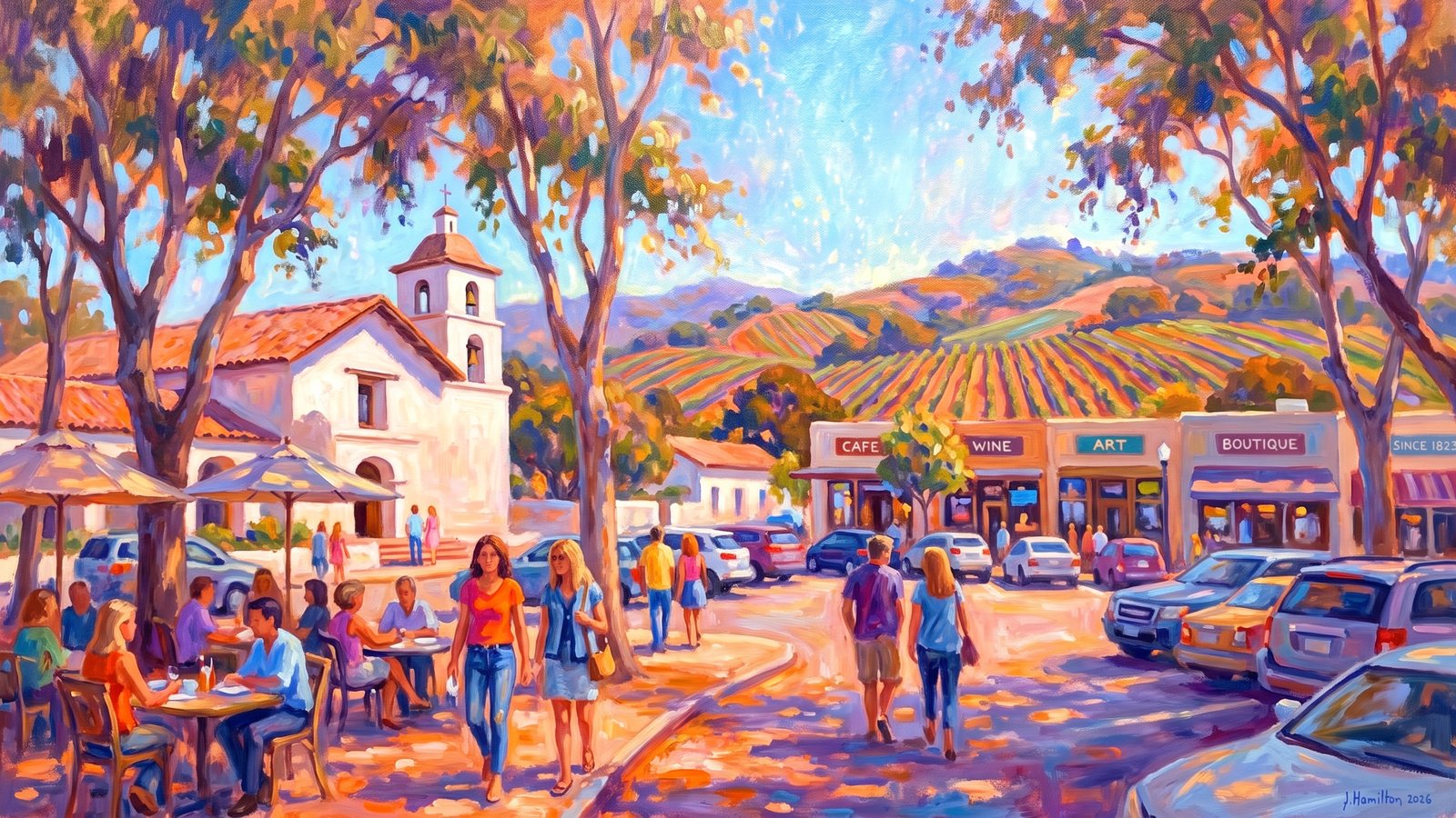 Painted city portrait of Sonoma, CA — Sonoma Plaza and Mission among the Vineyards, informed by Pierre Bonnard.