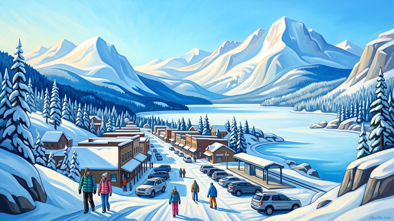 Painted city portrait of Truckee, CA — Historic Downtown and Donner Lake in Snow, informed by Lawren Harris.