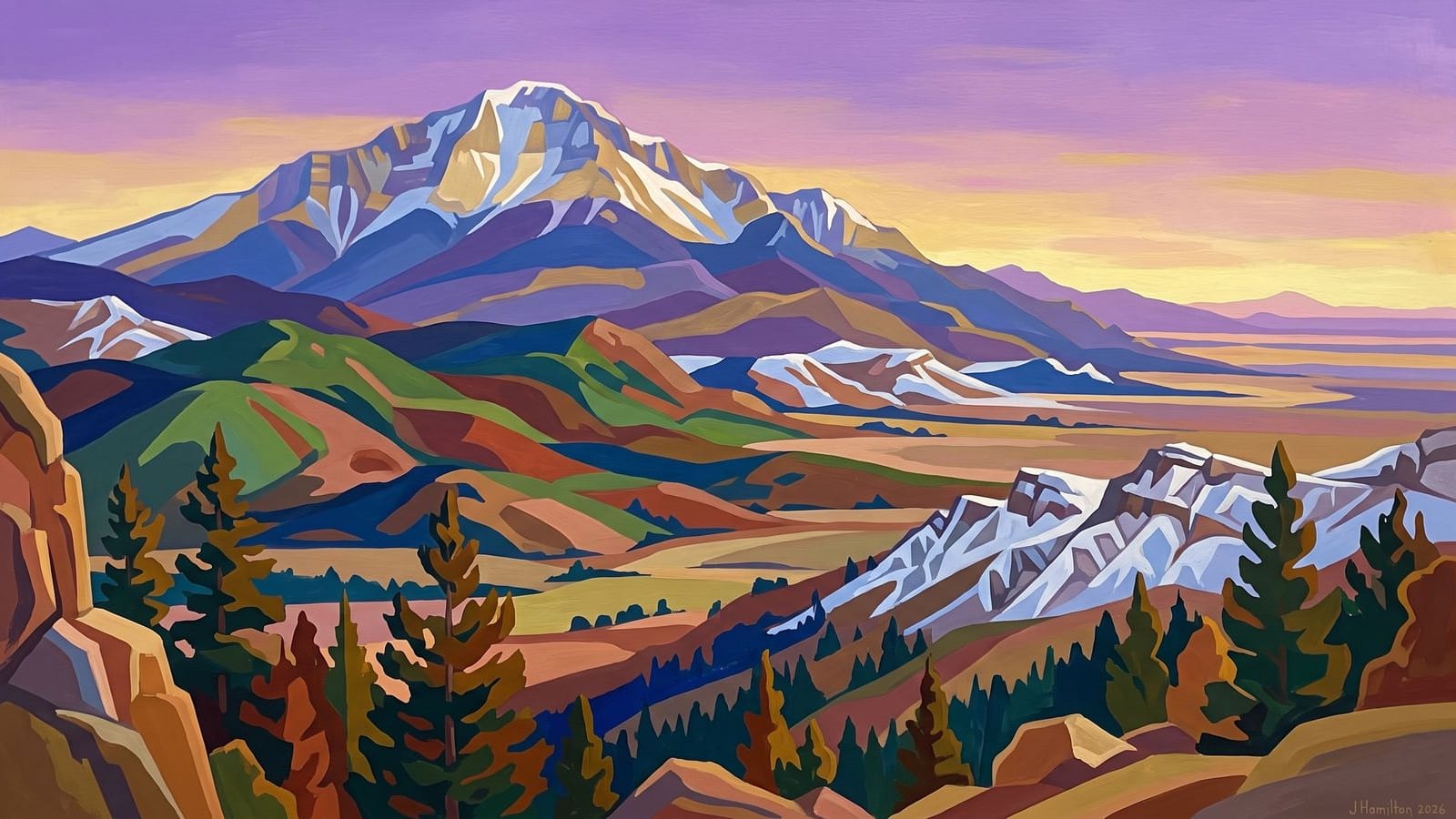 Painted city portrait of Colorado Springs, CO — Pikes Peak, informed by Nicholas Roerich.