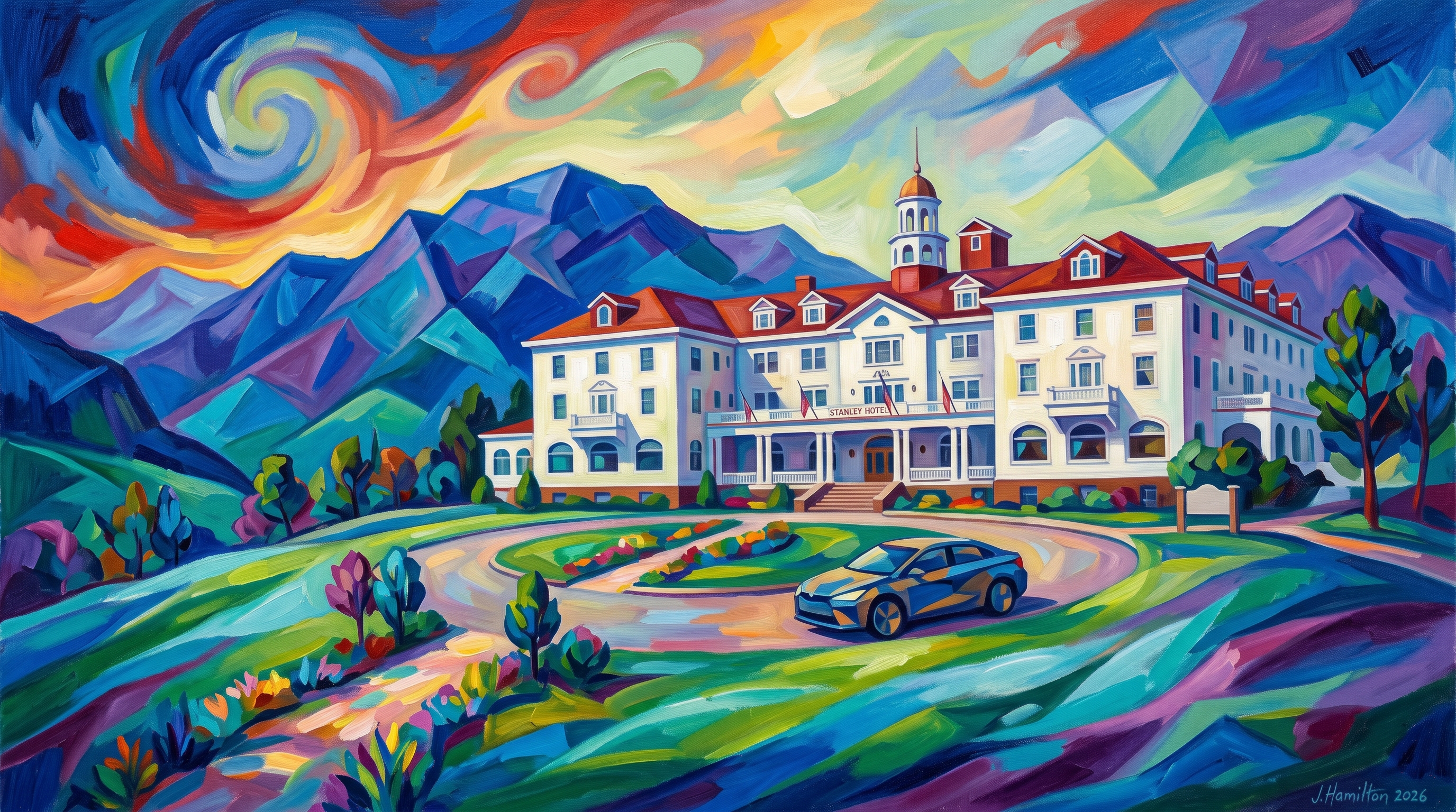 Painted city portrait of Estes Park, CO — Stanley Hotel, informed by Franz Marc.