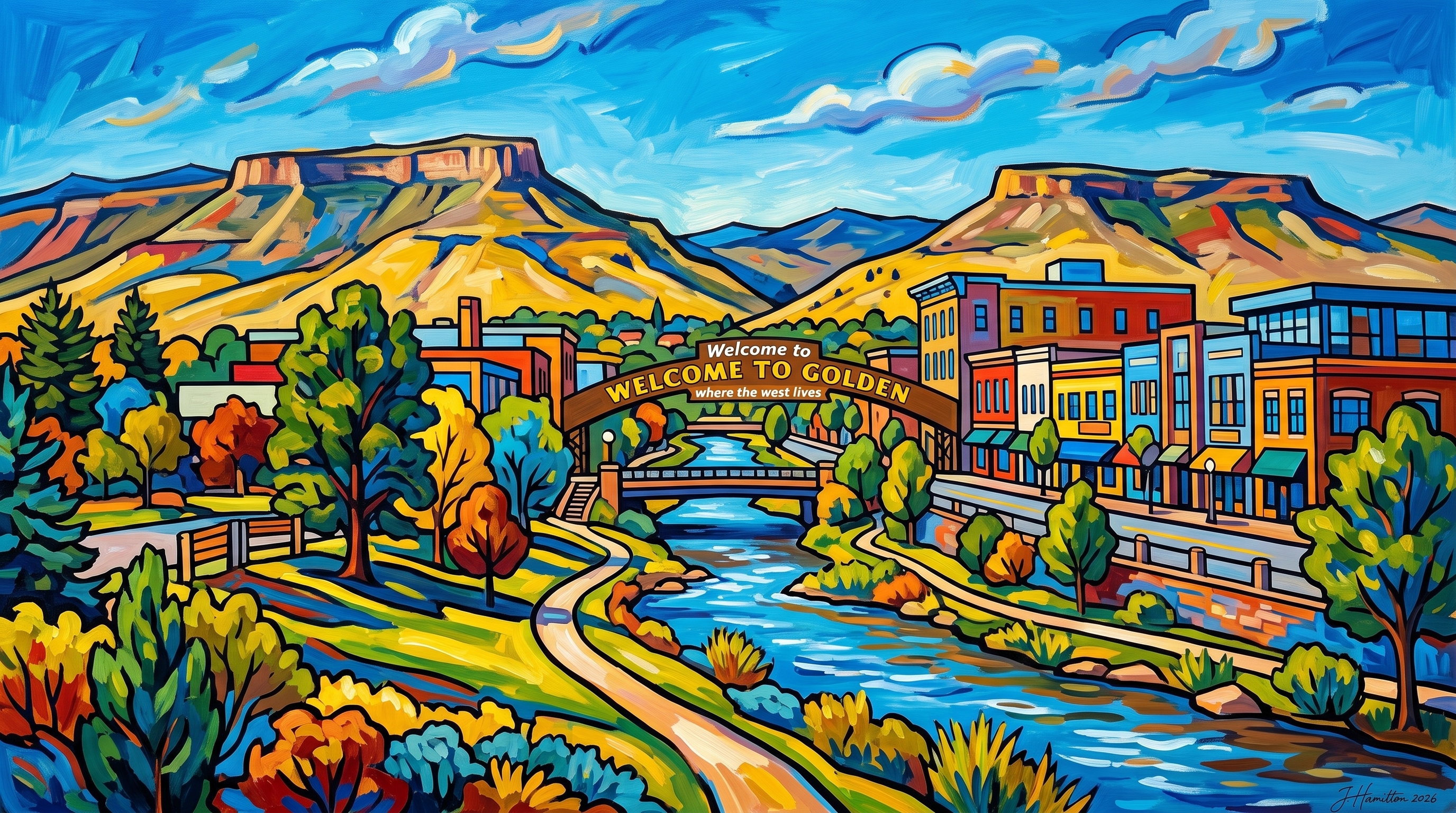 Painted city portrait of Golden, CO — Table Mountains & Clear Creek, informed by Alexej von Jawlensky.