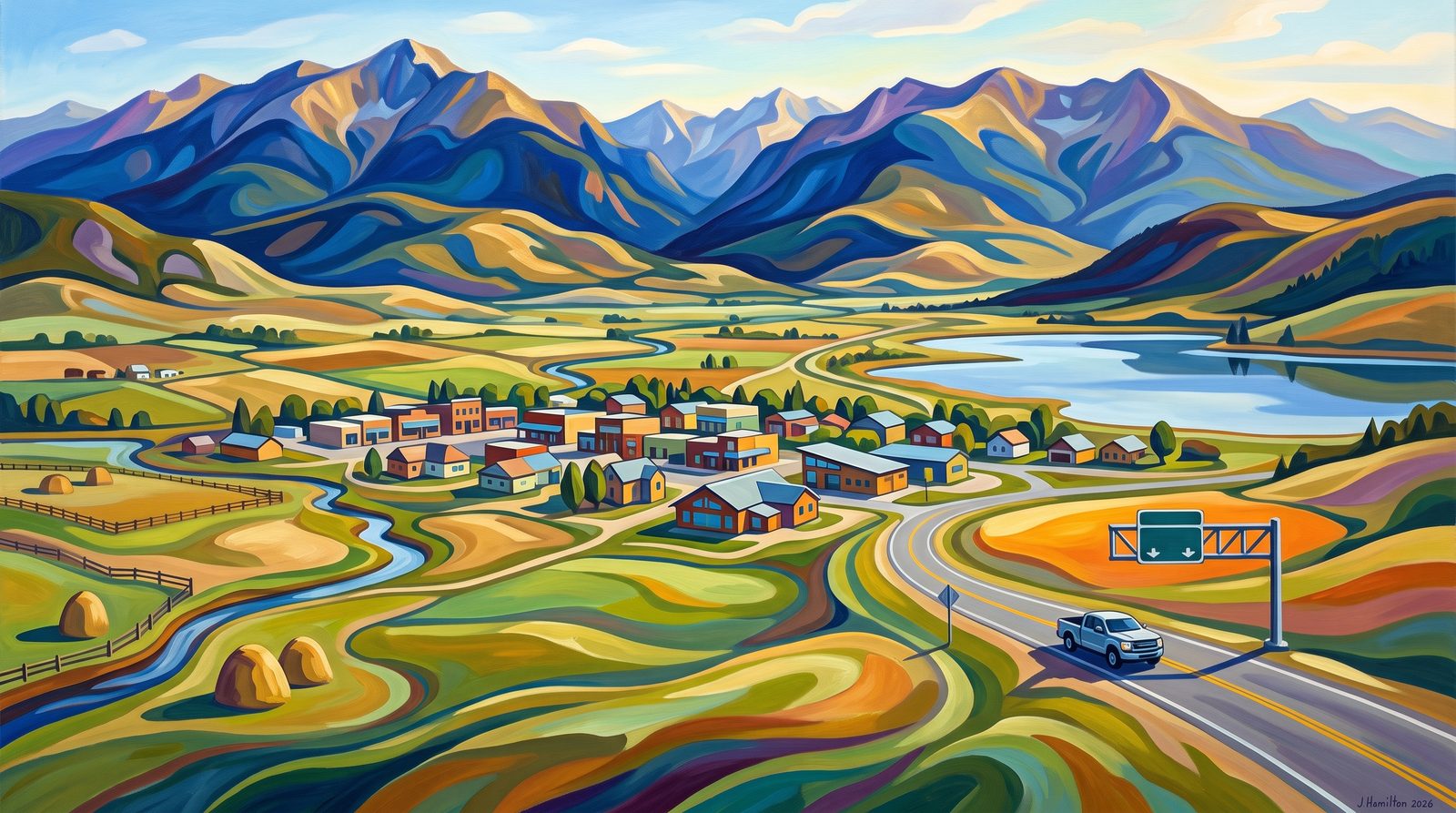 Painted city portrait of Granby, CO — the Fraser Valley & the lake, informed by Arthur Dove.