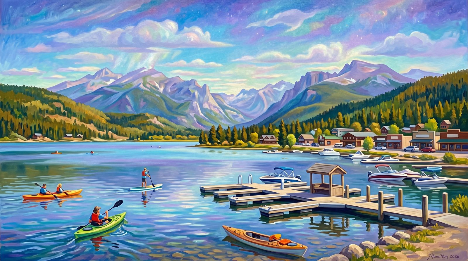 Painted city portrait of Grand Lake, CO — the natural lake & the Continental Divide, informed by Mikalojus Ciurlionis.