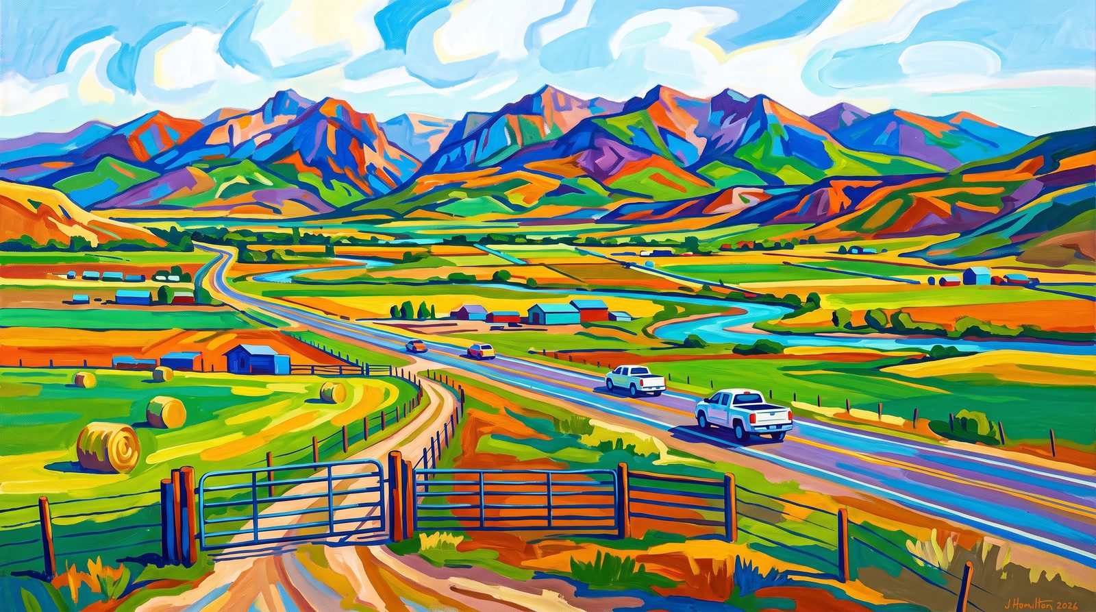 Painted city portrait of Gunnison, CO — the valley & the West Elk backdrop, informed by Andre Derain.