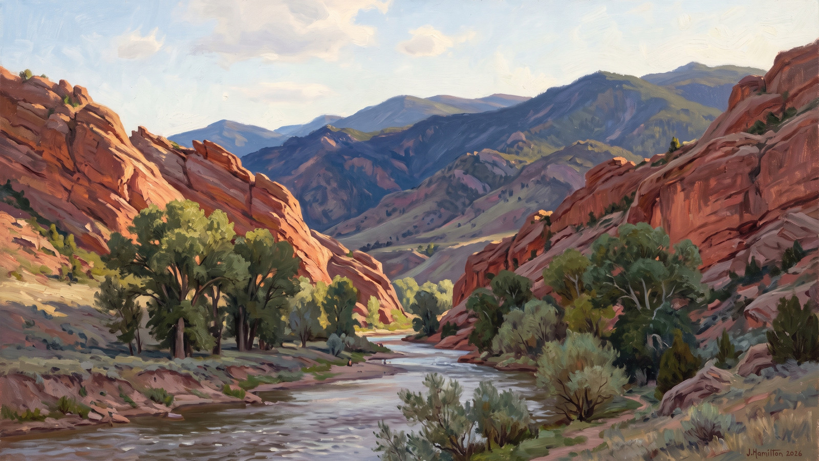 Painted city portrait of Lyons, CO — the sandstone canyon gateway, informed by Charles Partridge Adams.
