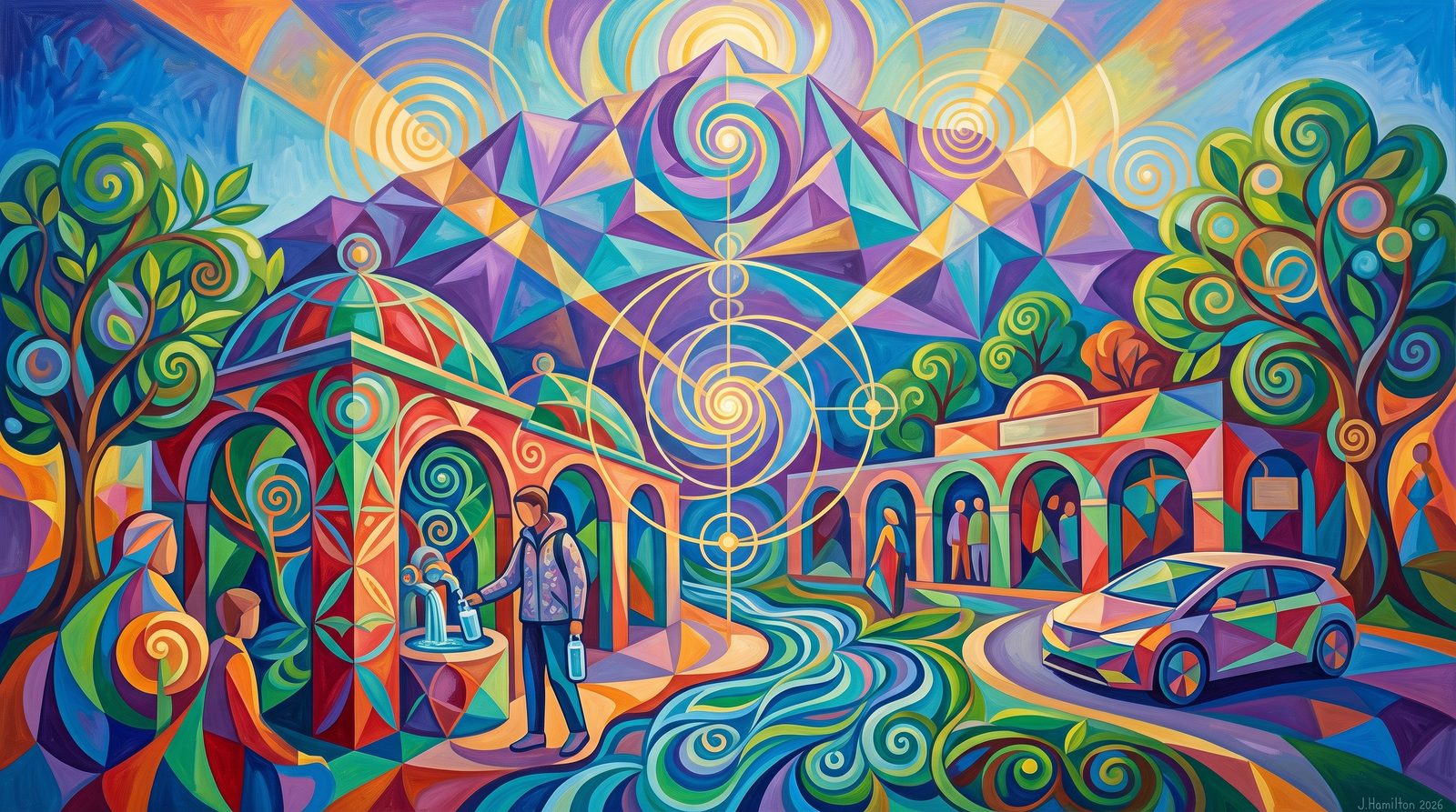 Painted city portrait of Manitou Springs, CO — the mineral-springs arcade below Pikes Peak, informed by Hilma af Klint.