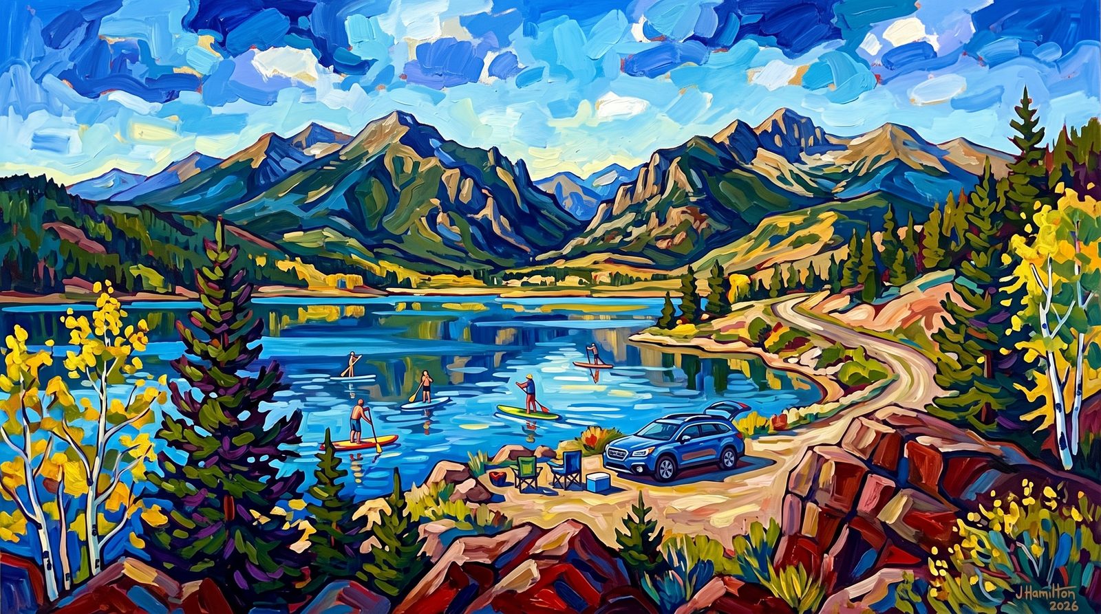 Painted city portrait of Nederland, CO — Barker Reservoir & the peaks, informed by Marsden Hartley.