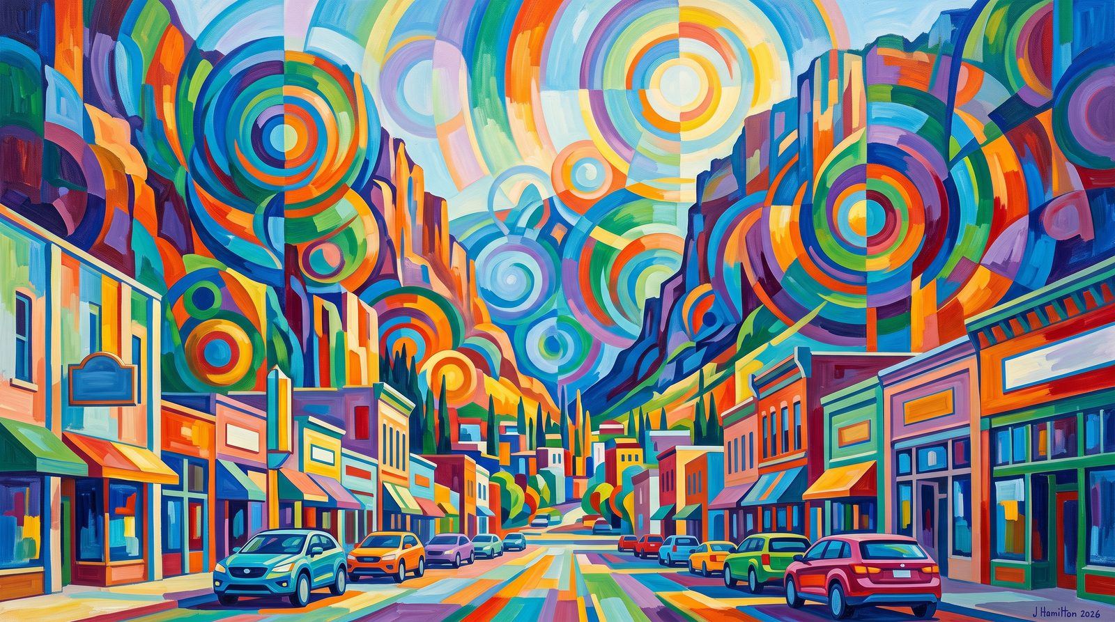 Painted city portrait of Ouray, CO — the box-canyon amphitheater, informed by Frantisek Kupka.