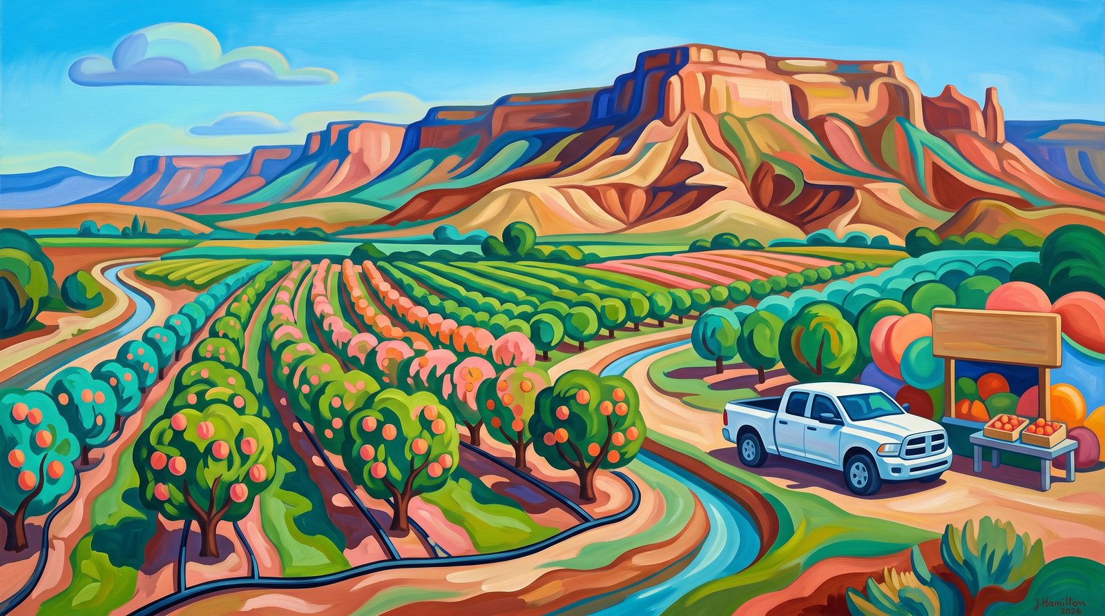 Painted city portrait of Palisade, CO — the peach-orchard mesa & the Book Cliffs, informed by Tarsila do Amaral.